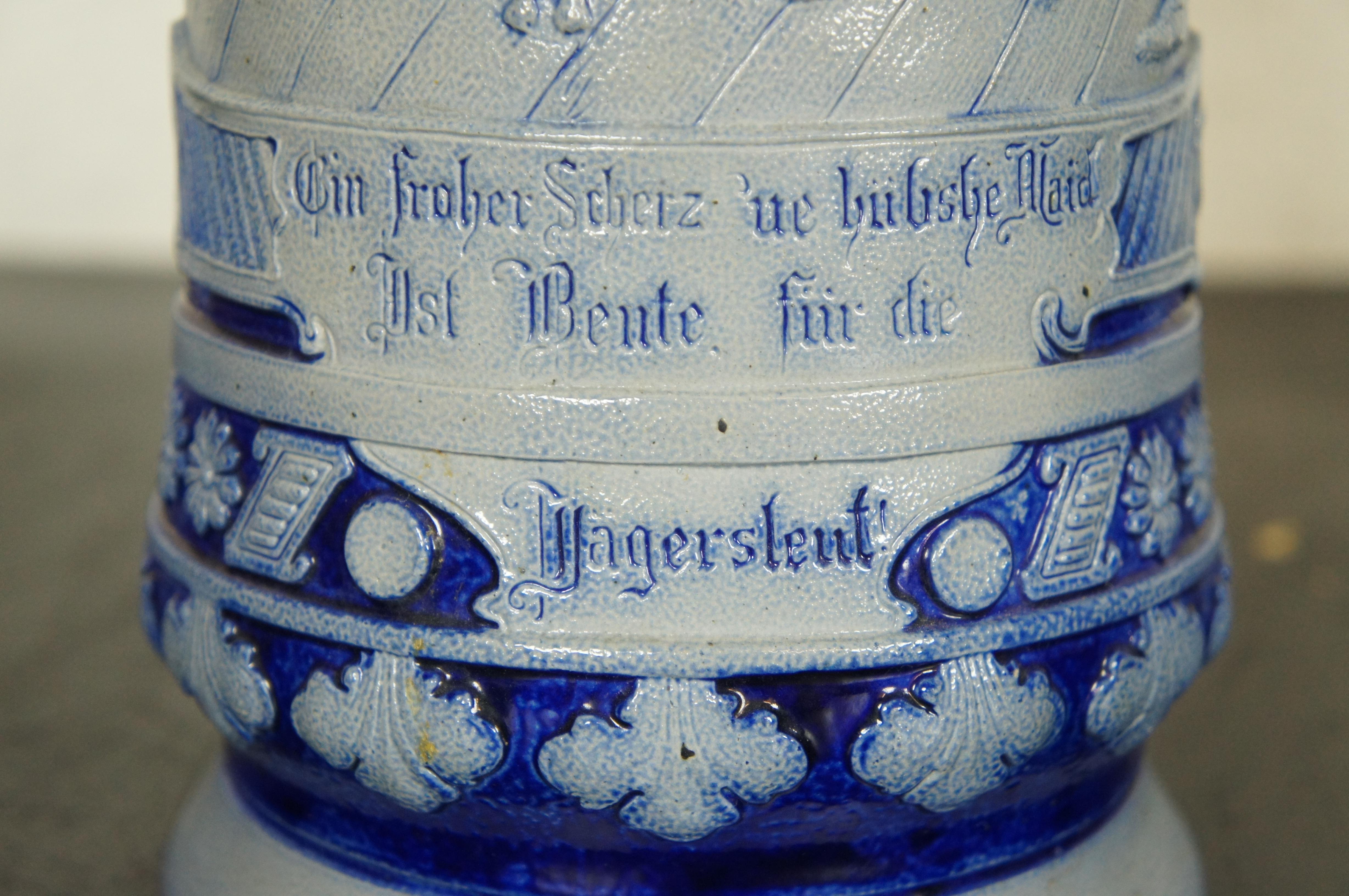 Antiquité allemande Westerwald Salt Glaze Hunt Beer Stein Jug Pitcher 15