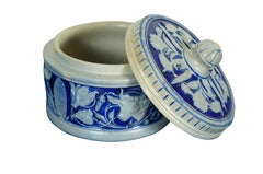 Antique German Westerwald Salt Glaze Stoneware Cobalt Blue Butter Pot Crock 5"