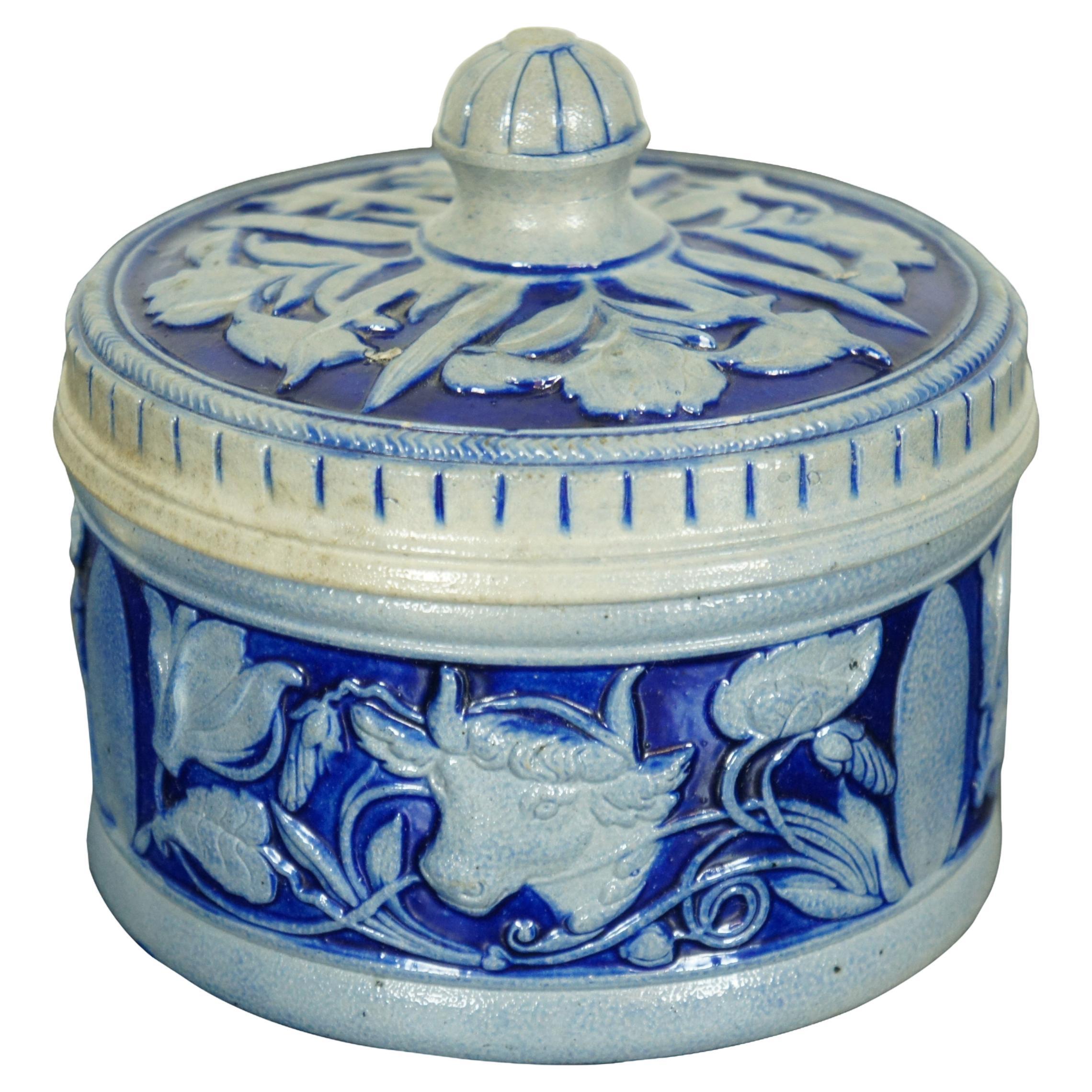Antique German Westerwald Salt Glaze Stoneware Cobalt Blue Butter Pot Crock 5"