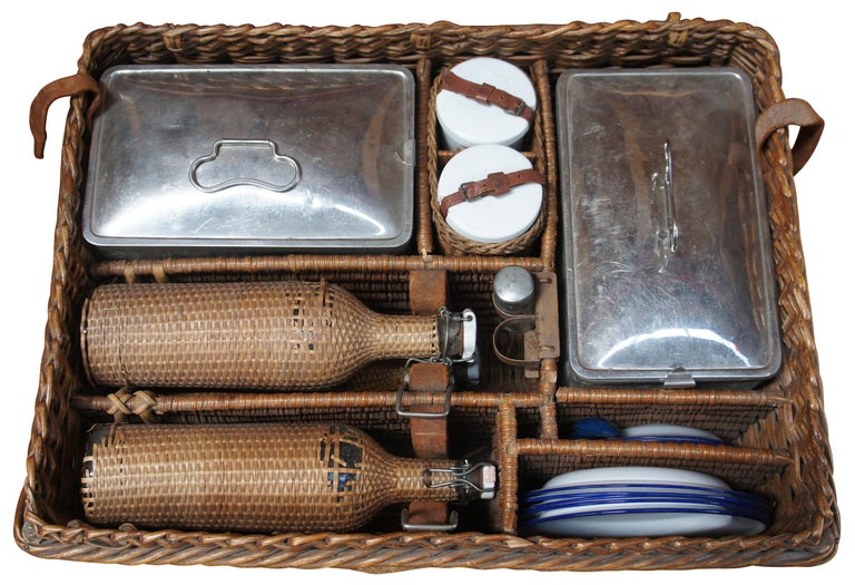 Antique German Wicker Picnic Basket Travel Set Bohemian Enamel Flatware