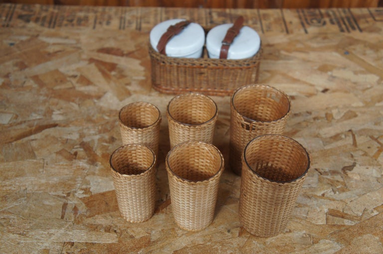 Antique German Wicker Picnic Basket Travel Set Bohemian Enamel Flatware