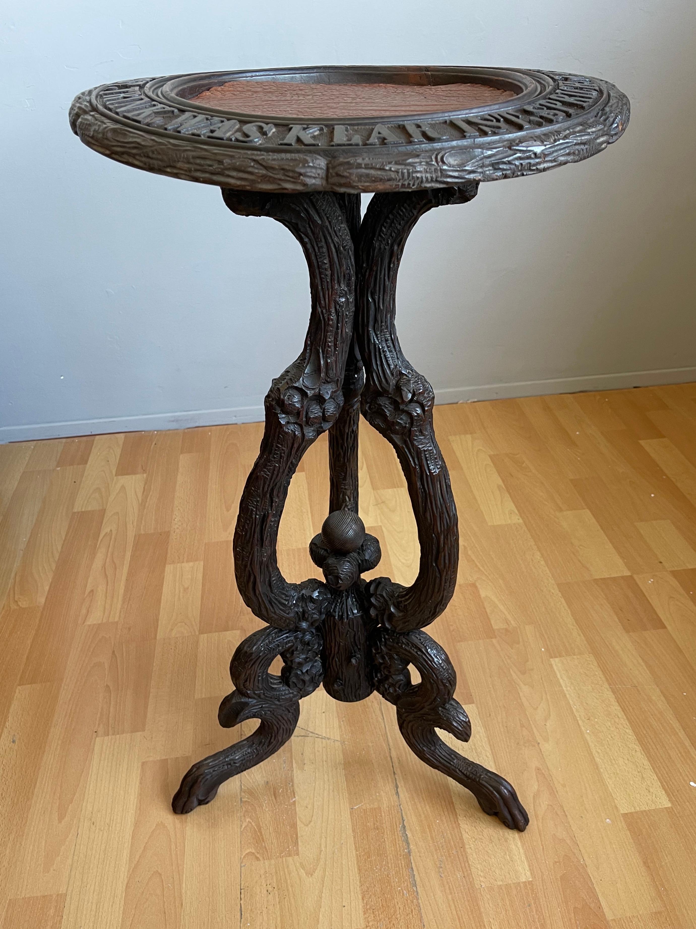 Antique German Wine Table or Stand with Hand-Carved Saying and Sculptural Legs For Sale 11