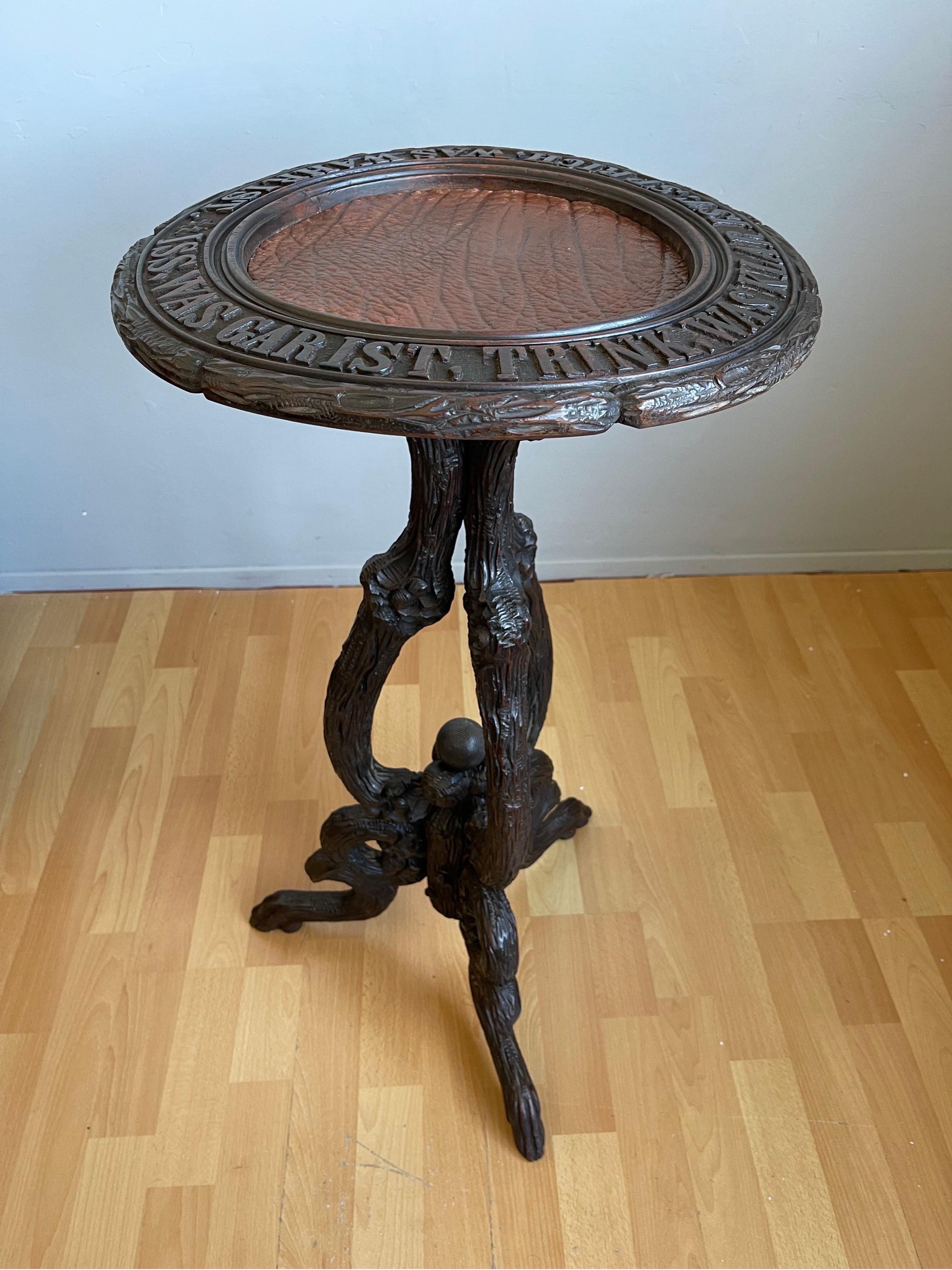 Antique German Wine Table or Stand with Hand-Carved Saying and Sculptural Legs For Sale 12