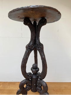 Antique German Wine Table or Stand with Hand-Carved Saying and Sculptural Legs