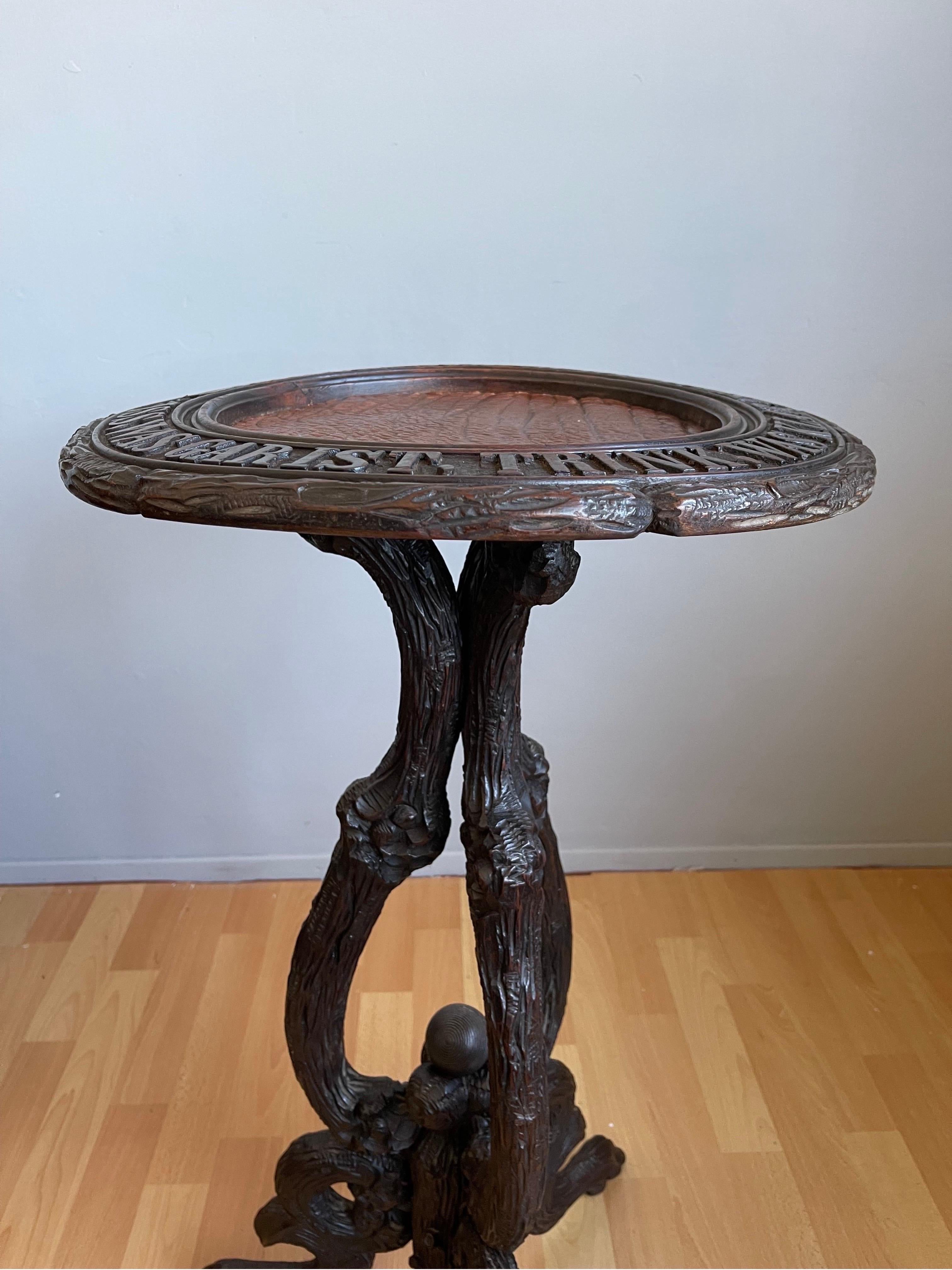Antique German Wine Table or Stand with Hand-Carved Saying and Sculptural Legs For Sale 2