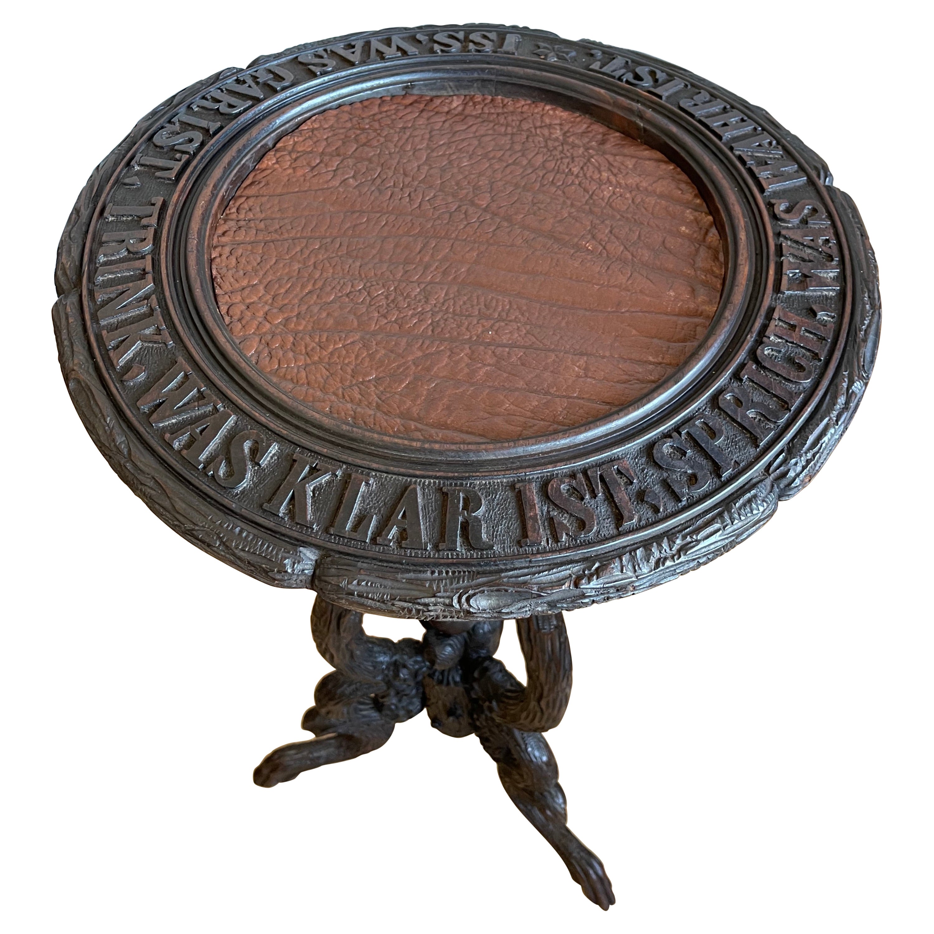 Antique German Wine Table or Stand with Hand-Carved Saying and Sculptural Legs