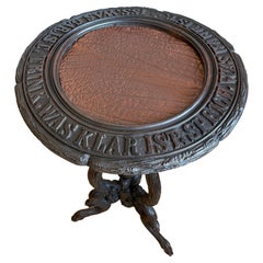 Antique German Wine Table or Stand with Hand-Carved Saying and Sculptural Legs