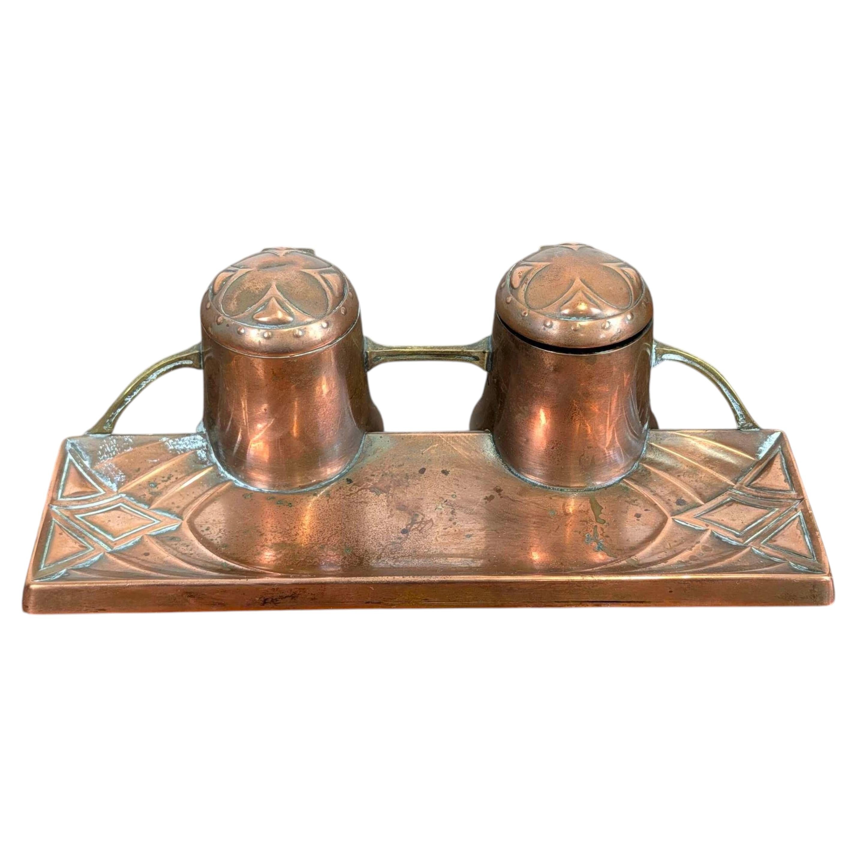 Antique German WMF Art Nouveau Copper and Brass Double Inkwell