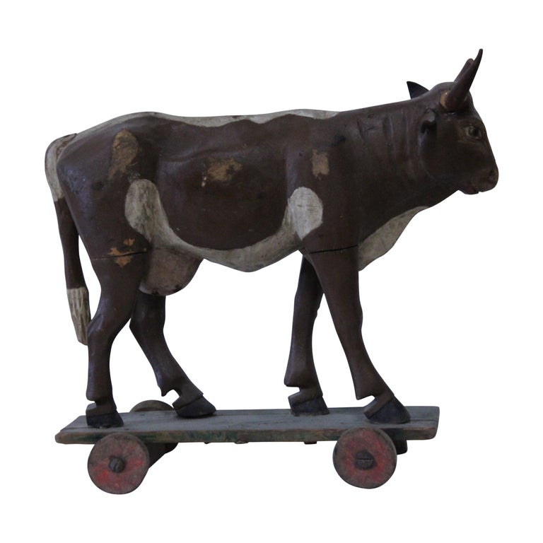 Antique German Wooden Cow PullToy For Sale at 1stDibs