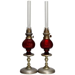 Antique German W&W Kosmos Cranberry Glass and Silver Plate Kerosene Lamps