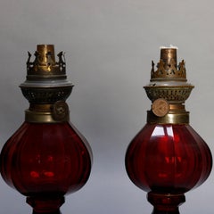 Antique German W&W Kosmos Cranberry Glass and Silver Plate Kerosene Lamps