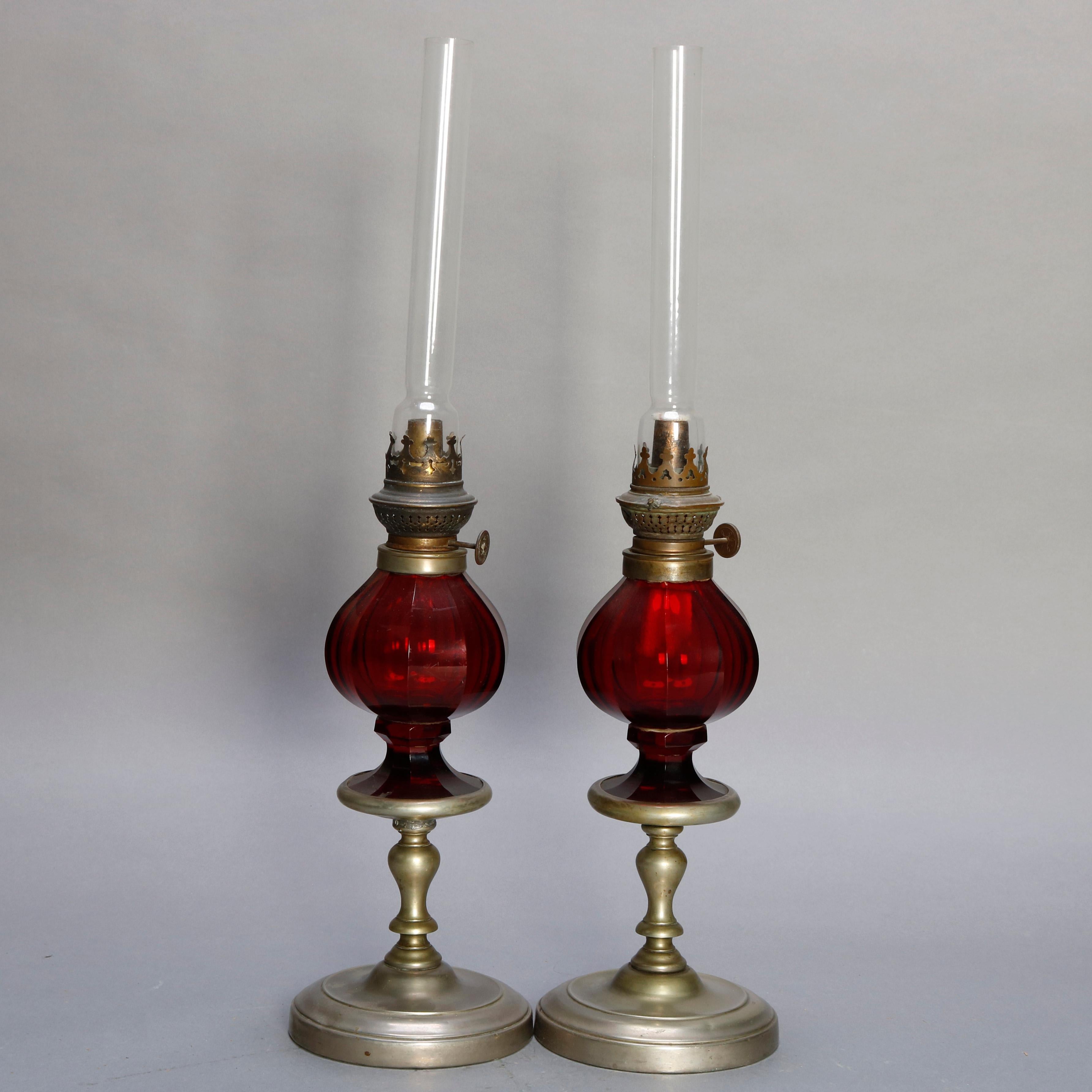 Victorian Antique German W&W Kosmos Cranberry Glass and Silver Plate Kerosene Lamps