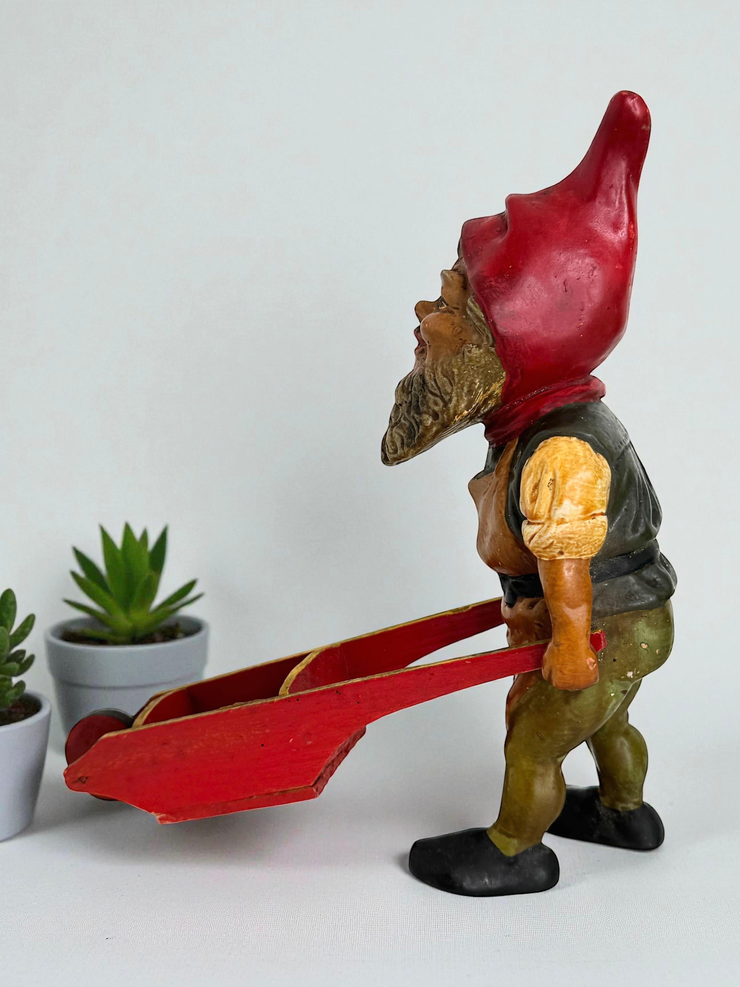 Antique German Yard or Garden Gnome Statue with Wheelbarrow, 1910s or older For Sale 3