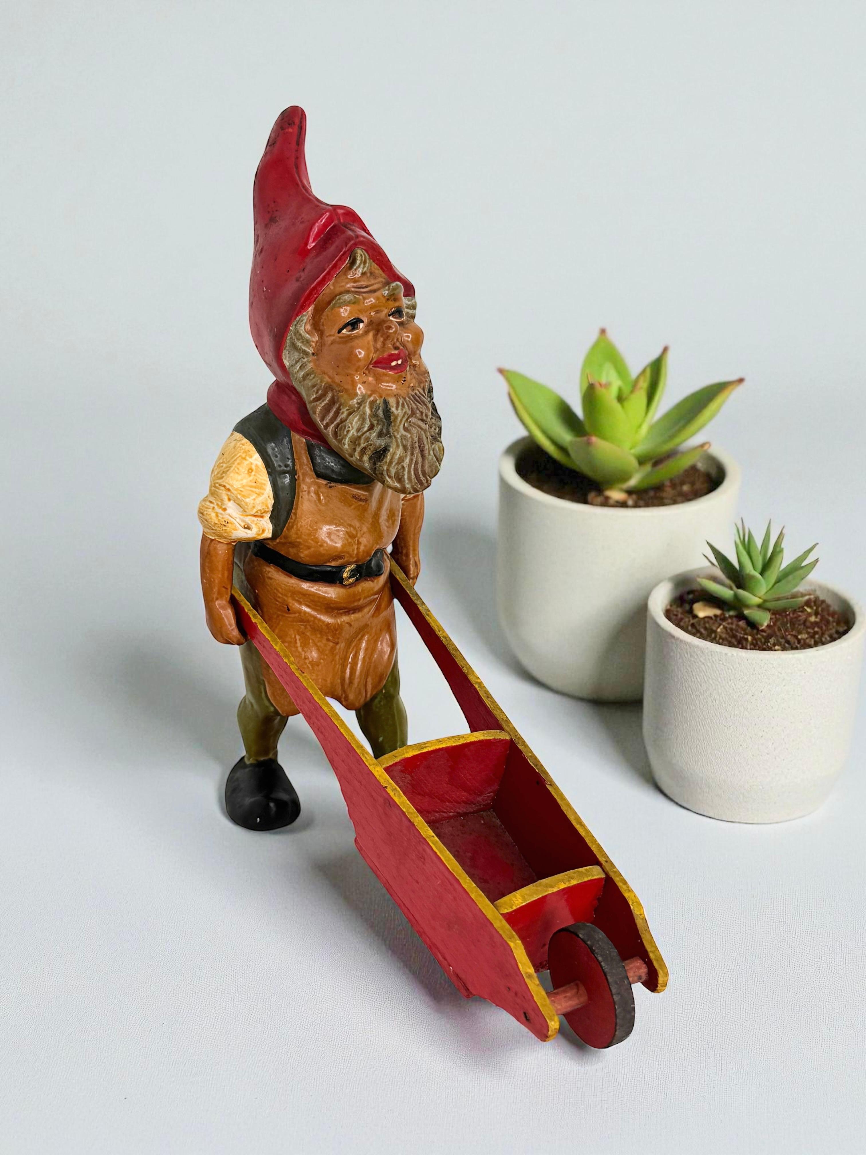 Antique German Yard or Garden Gnome Statue with Wheelbarrow, 1910s or older For Sale 6