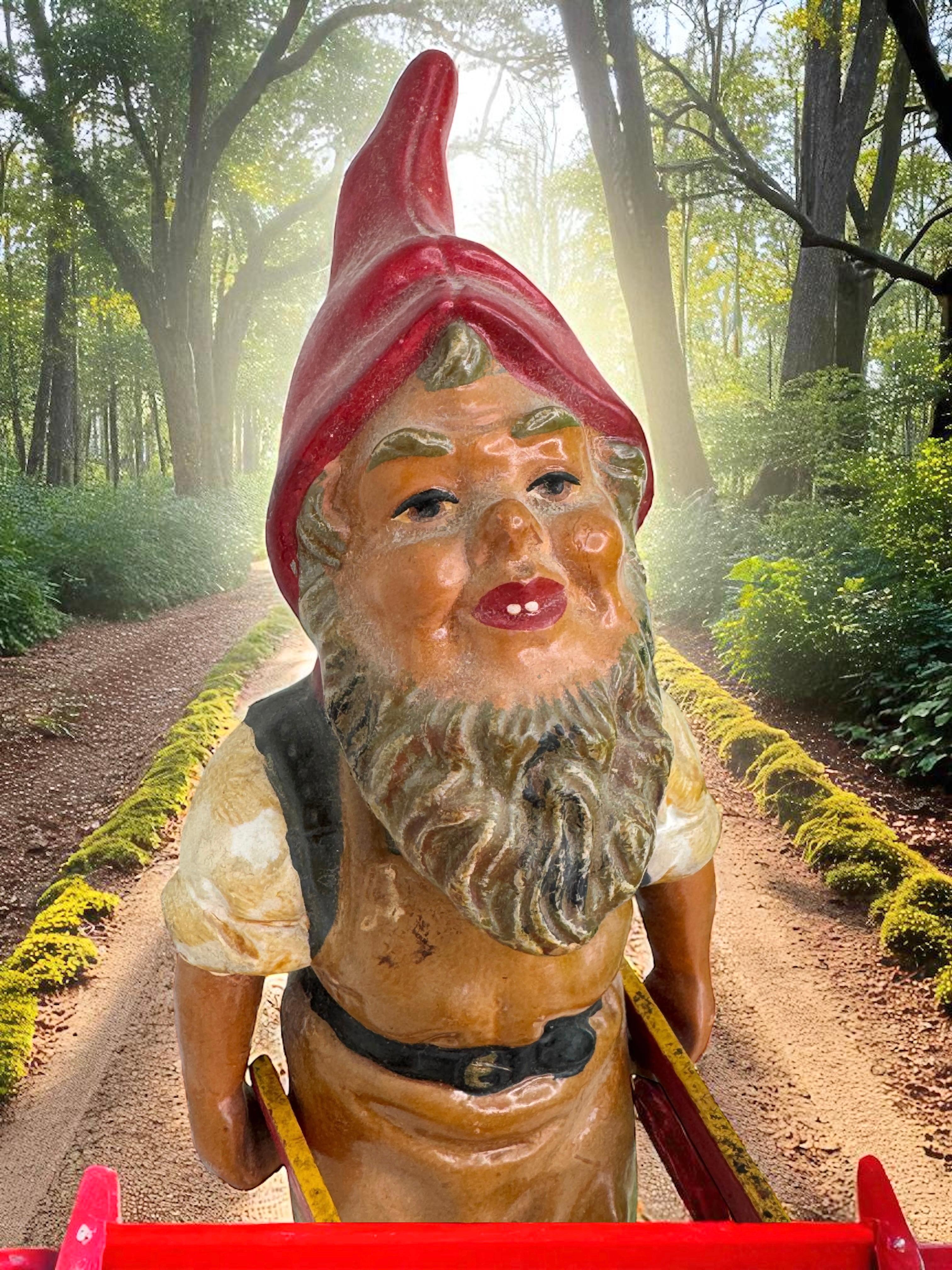 Ancienne statue allemande de nain de jardin avec brouette, 1910 ou plus ancienne en vente 6