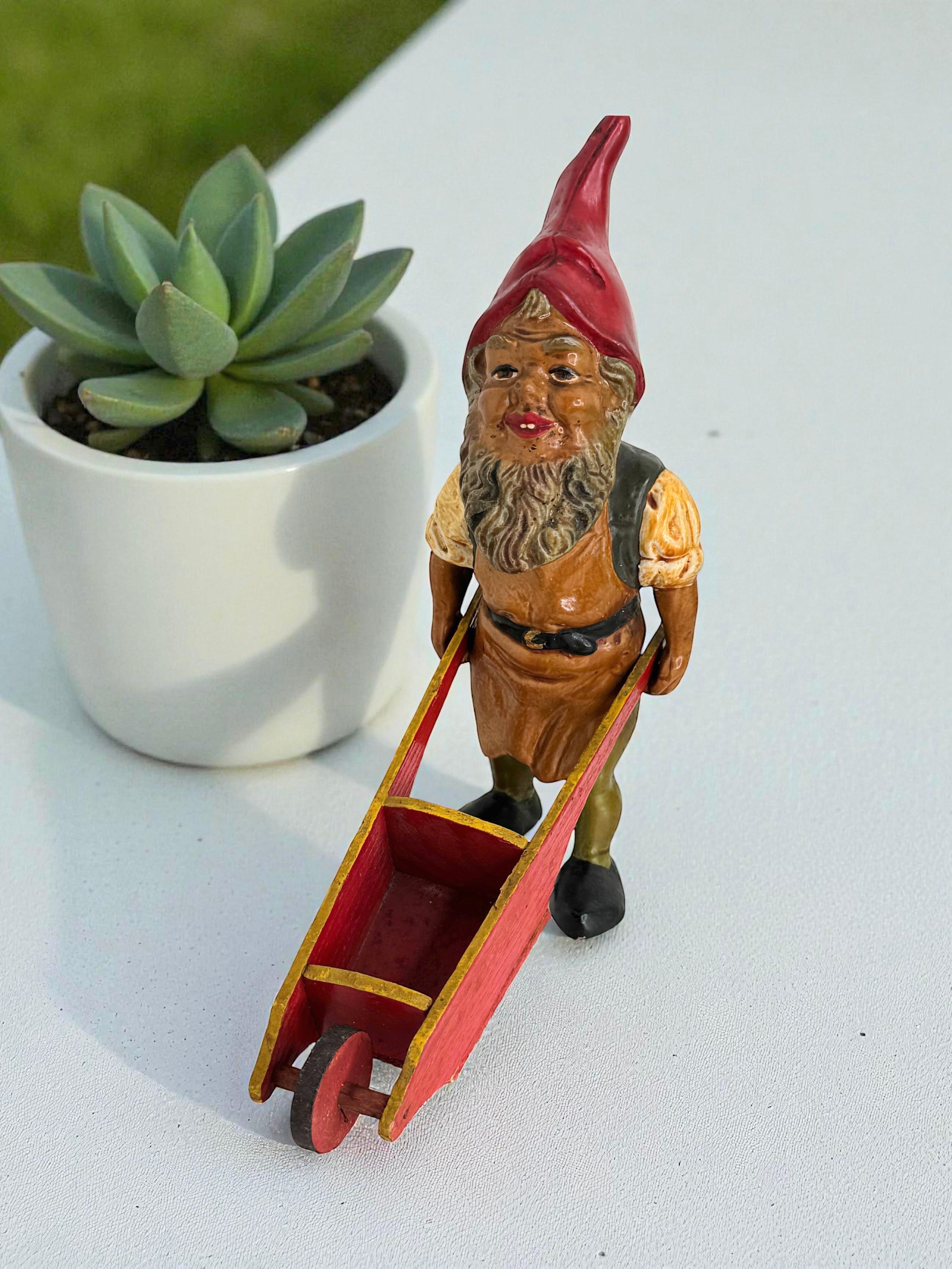 Antique German Yard or Garden Gnome Statue with Wheelbarrow, 1910s or older For Sale 7
