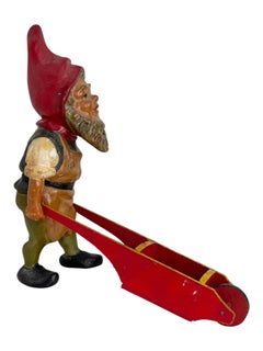 Antique German Yard or Garden Gnome Statue with Wheelbarrow, 1910s or older