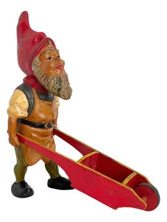 Antique German Yard or Garden Gnome Statue with Wheelbarrow, 1910s or older