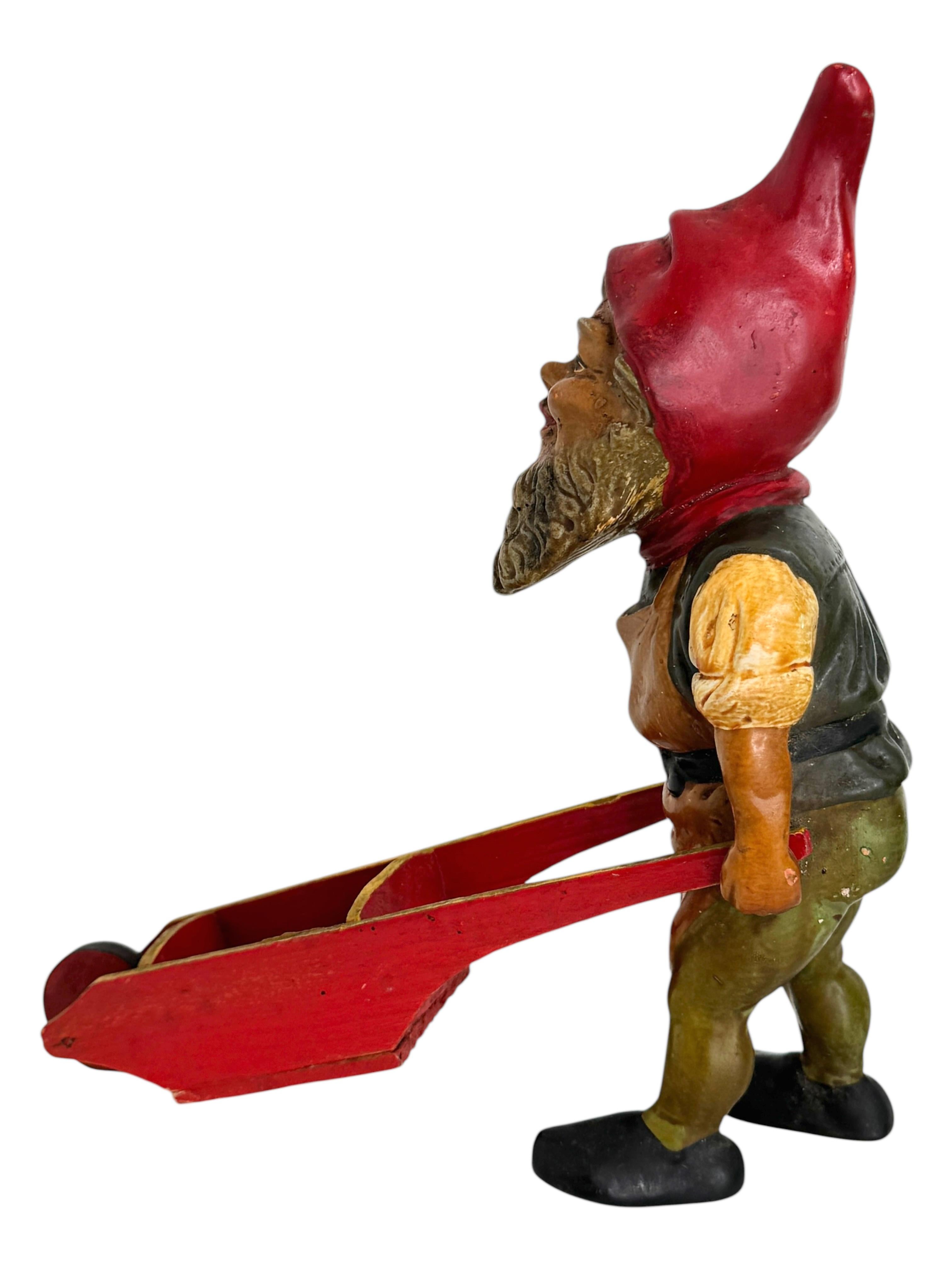 Hand-Painted Antique German Yard or Garden Gnome Statue with Wheelbarrow, 1910s or older For Sale