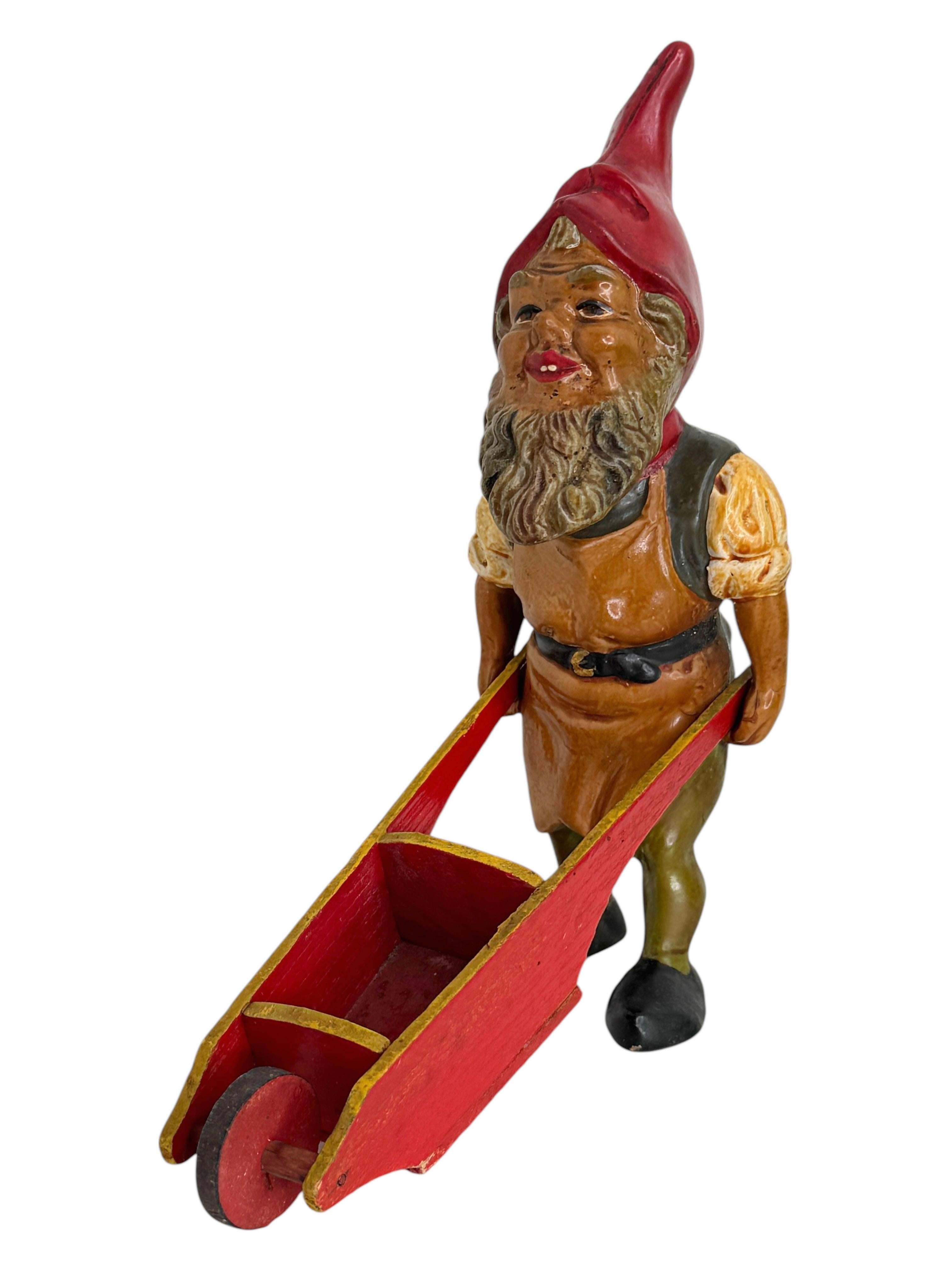 Antique German Yard or Garden Gnome Statue with Wheelbarrow, 1910s or older In Good Condition For Sale In Nuernberg, DE