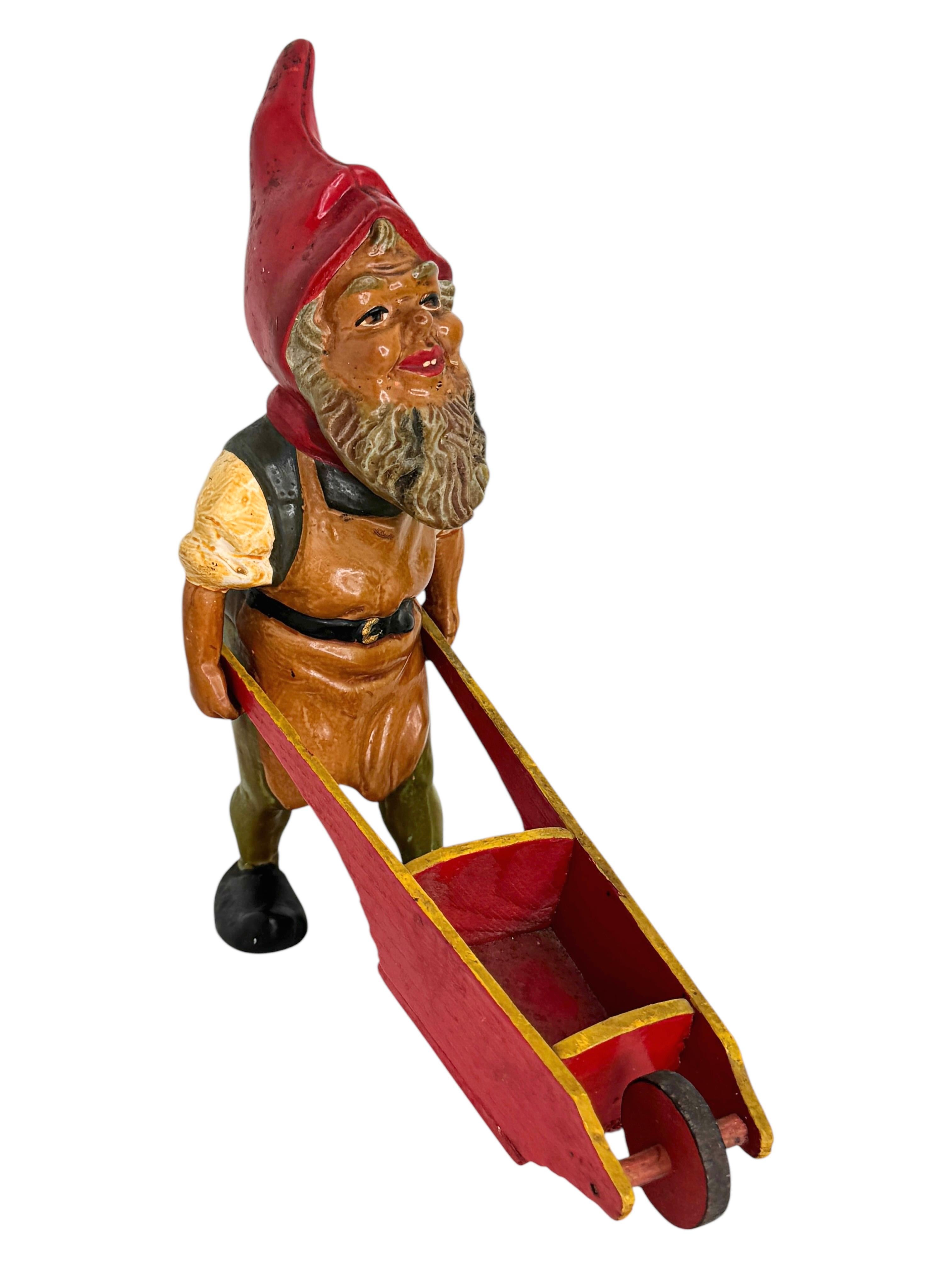 Early 20th Century Antique German Yard or Garden Gnome Statue with Wheelbarrow, 1910s or older For Sale