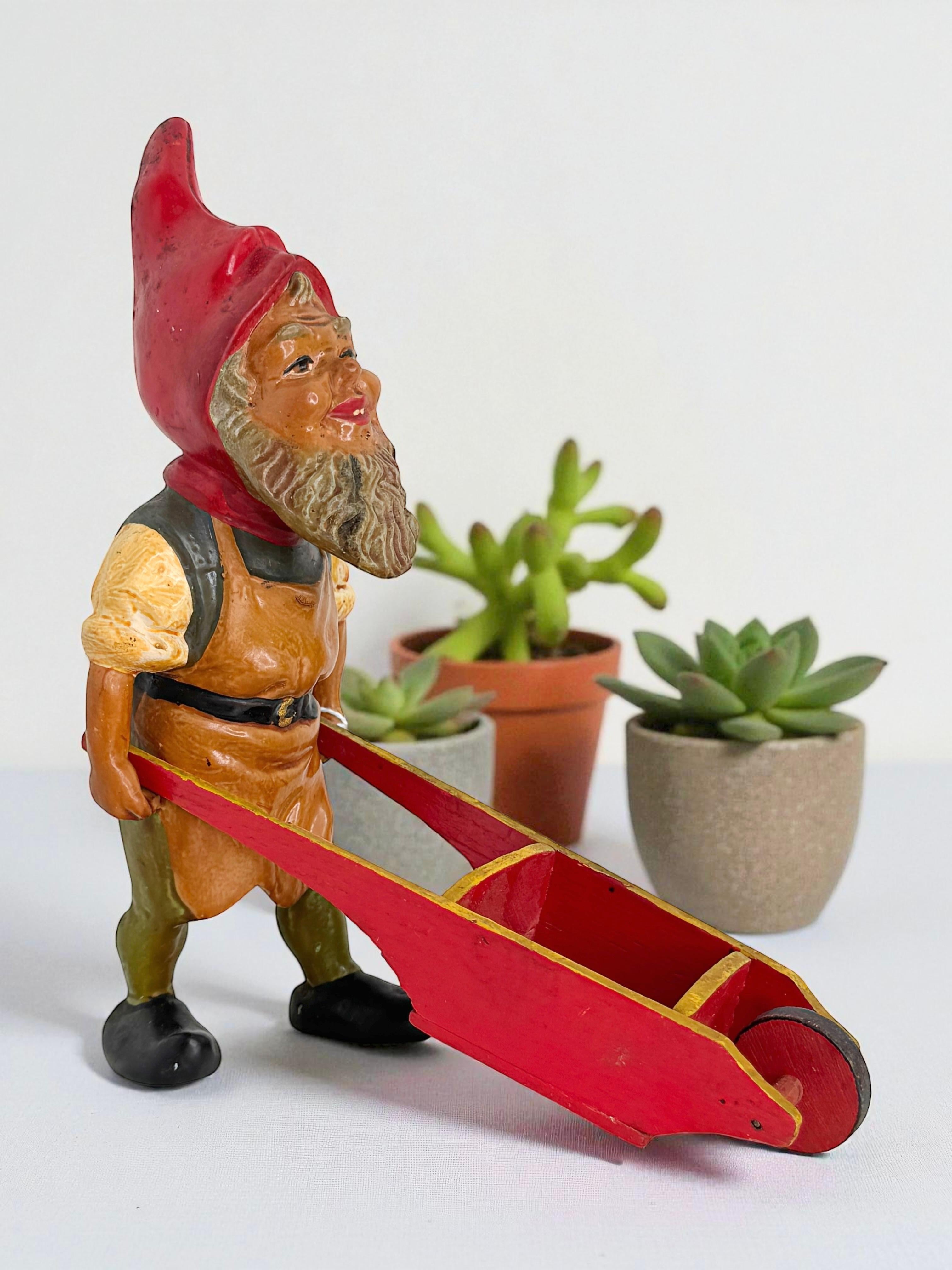 Antique German Yard or Garden Gnome Statue with Wheelbarrow, 1910s or older For Sale 1