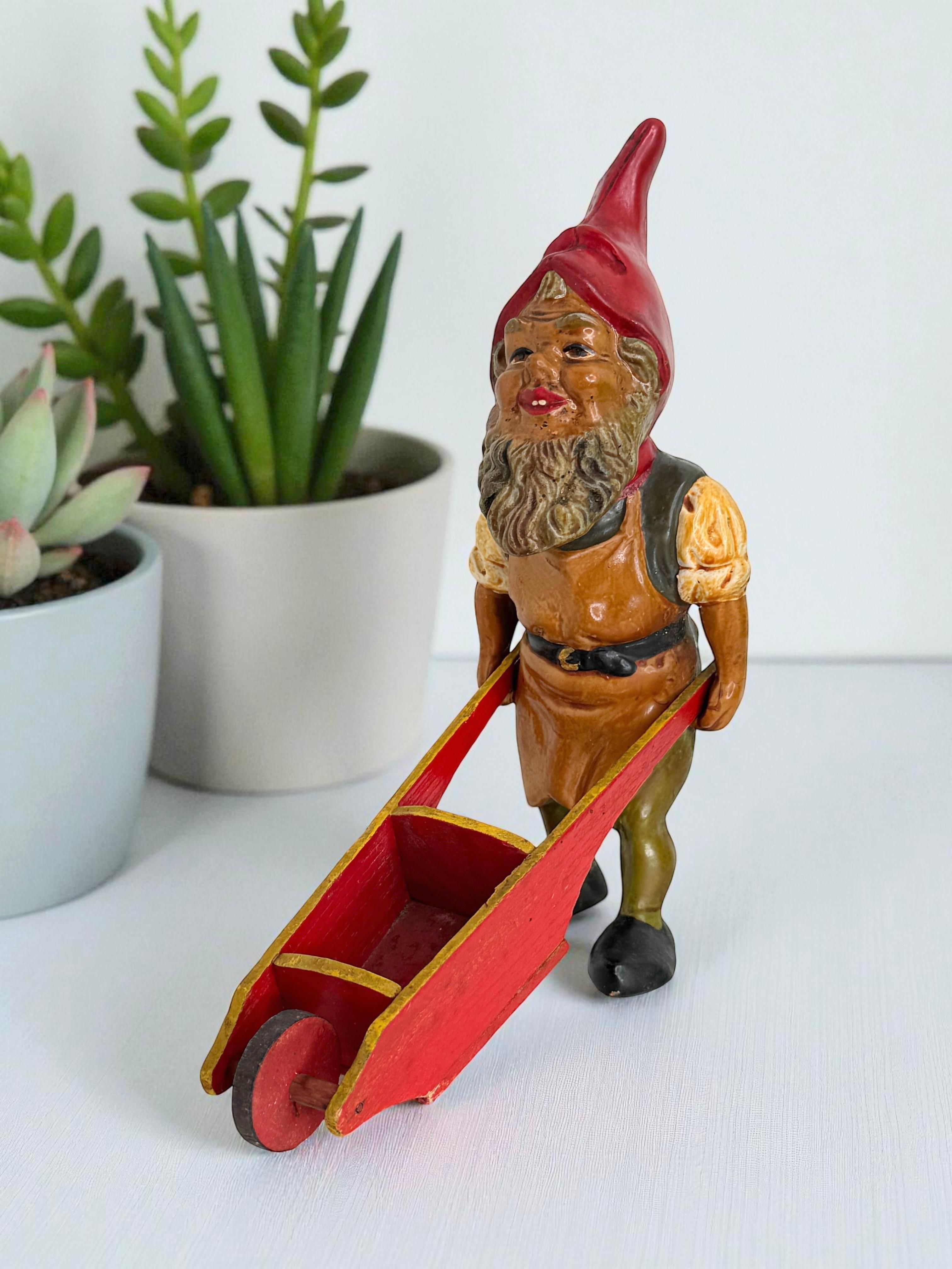 Antique German Yard or Garden Gnome Statue with Wheelbarrow, 1910s or older For Sale 2