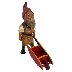 Antique German Yard or Garden Gnome Statue with Wheelbarrow, 1910s or older