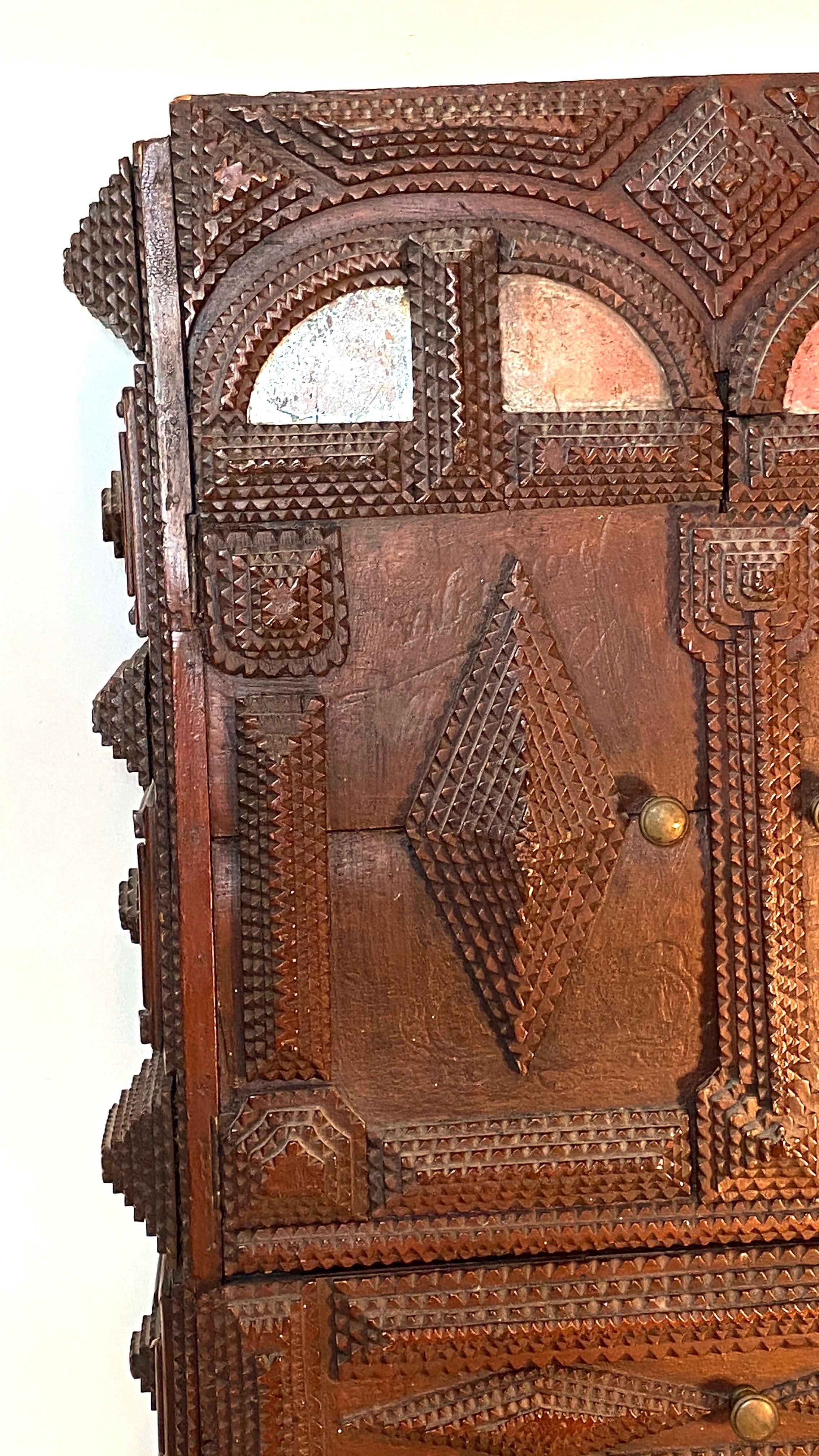 Antique Germany Chip Hand Carved Wall Cupboard Cabinet Tramp Folk Art 1880s For Sale 5
