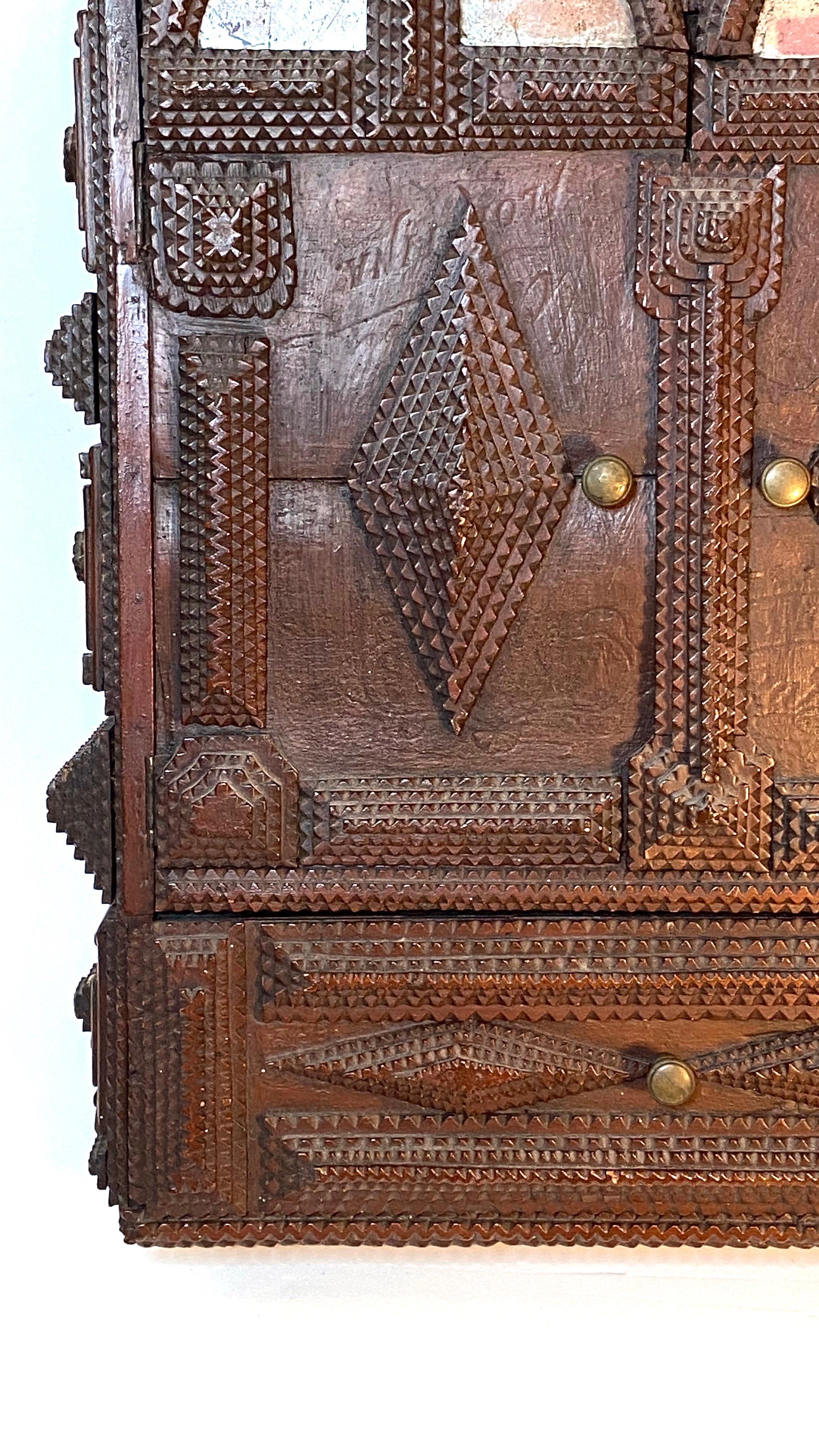 Antique Germany Chip Hand Carved Wall Cupboard Cabinet Tramp Folk Art 1880s For Sale 6