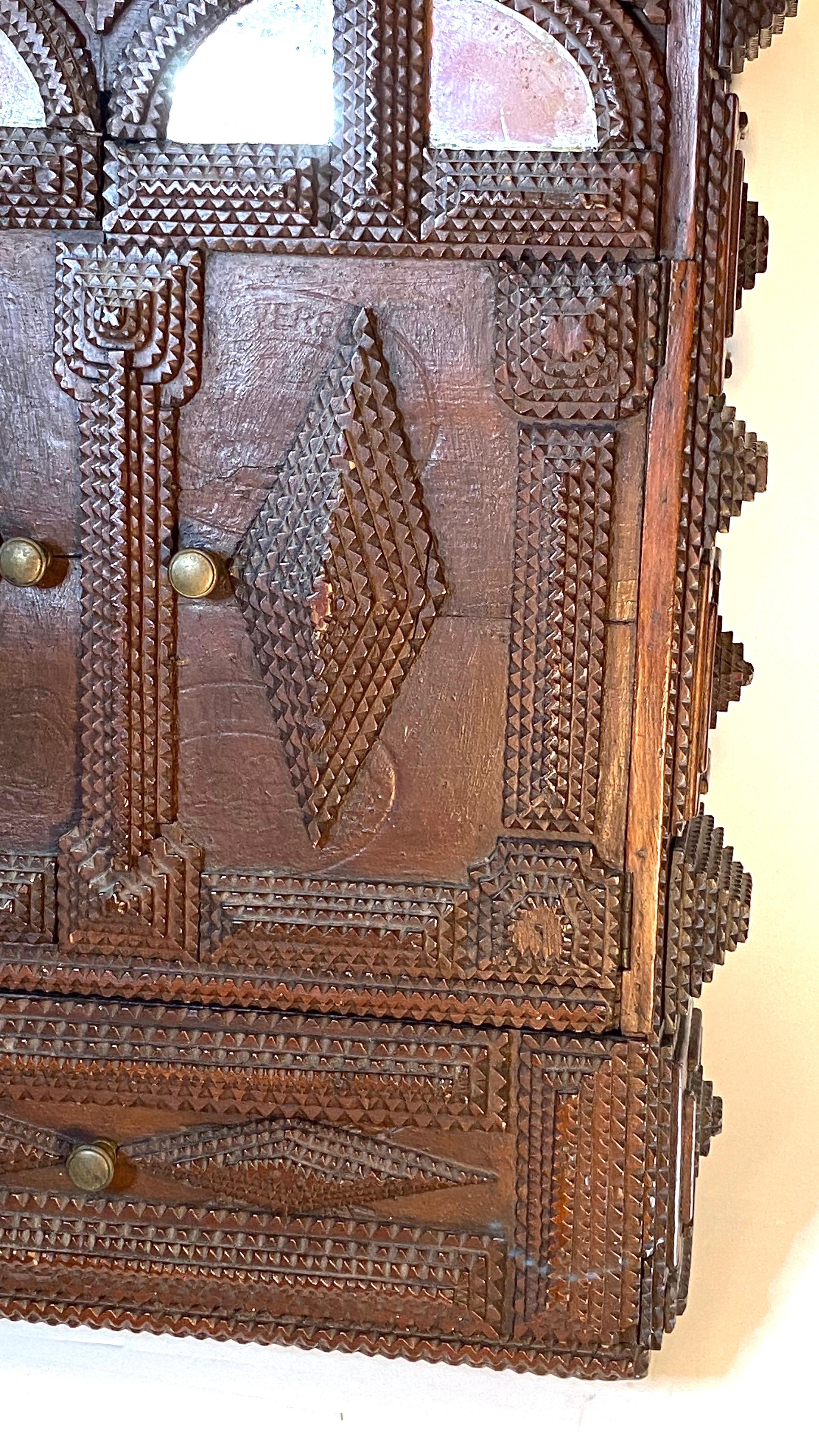 Antique Germany Chip Hand Carved Wall Cupboard Cabinet Tramp Folk Art 1880s For Sale 7