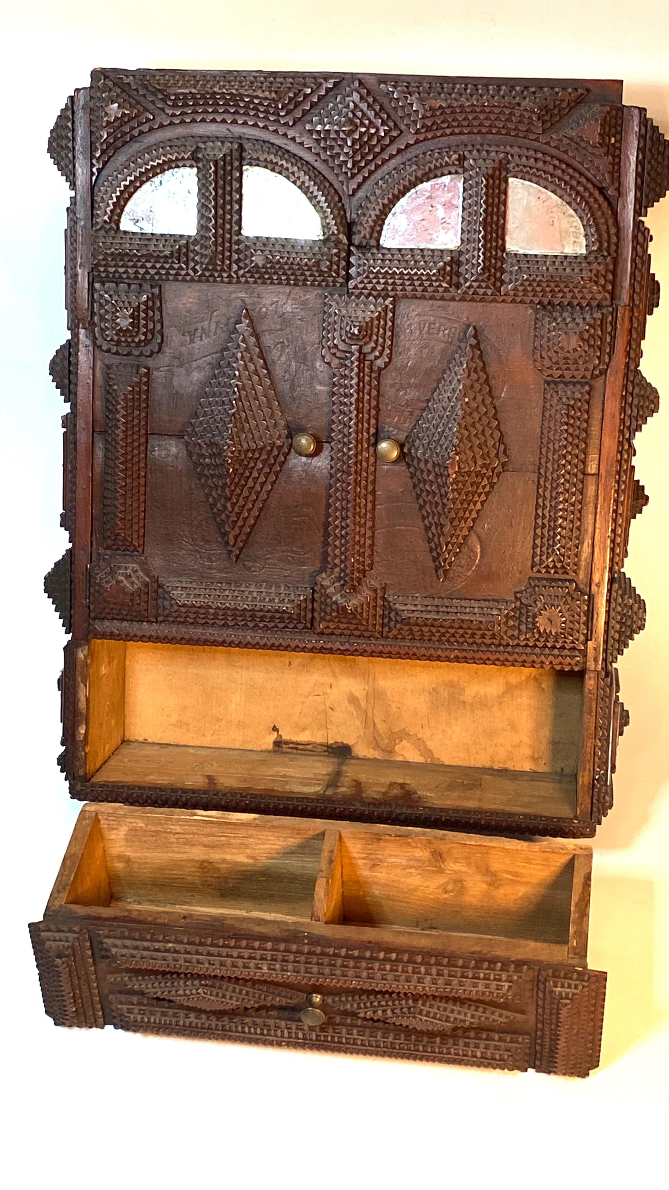Antique Germany Chip Hand Carved Wall Cupboard Cabinet Tramp Folk Art 1880s For Sale 8