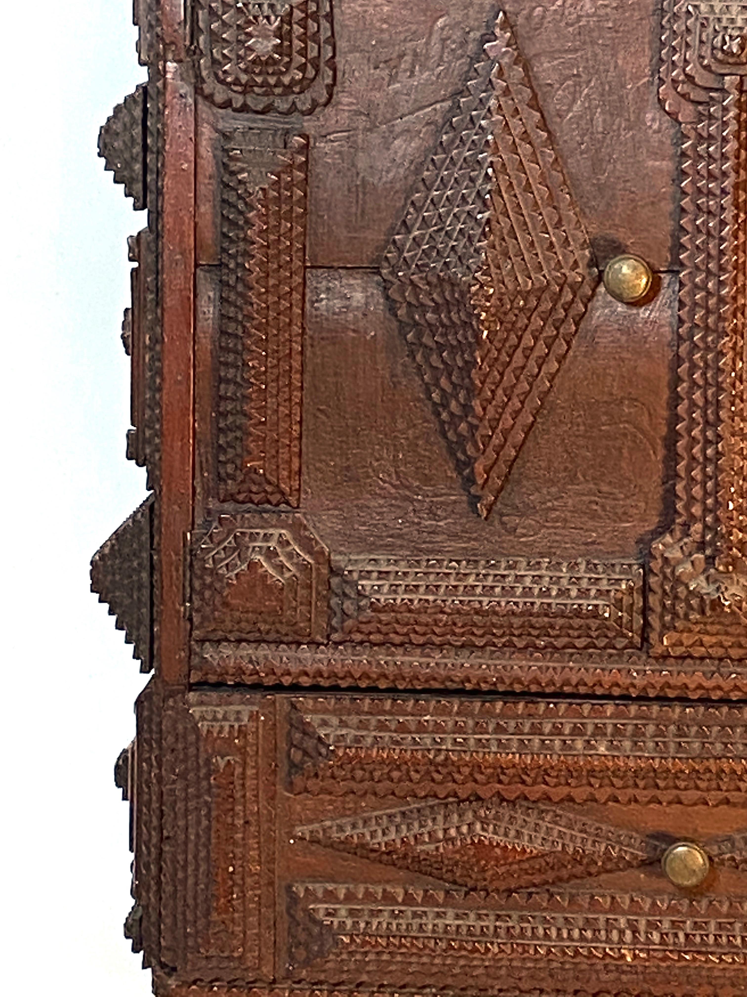 Mirror Antique Germany Chip Hand Carved Wall Cupboard Cabinet Tramp Folk Art 1880s For Sale