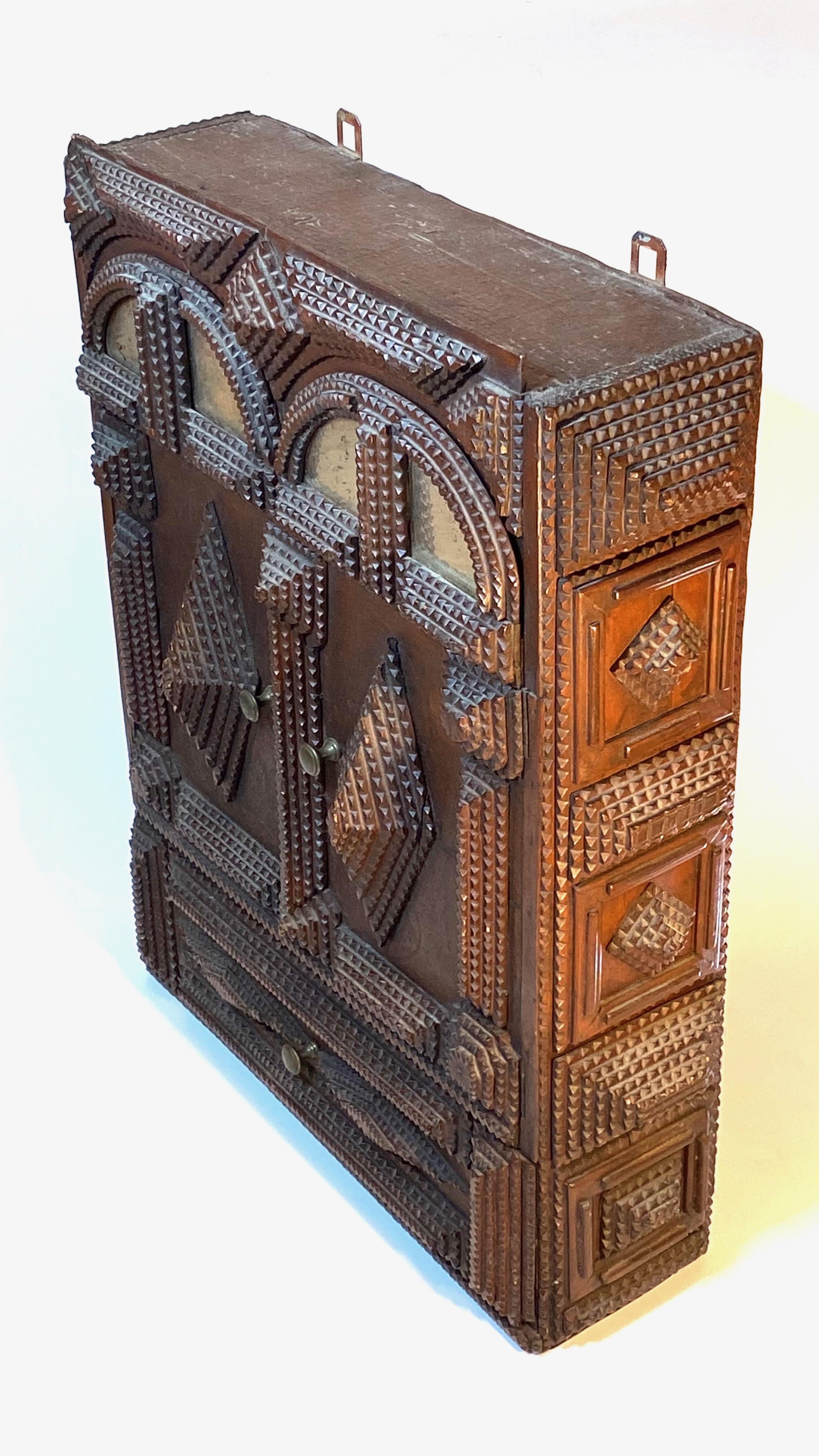 Antique Germany Chip Hand Carved Wall Cupboard Cabinet Tramp Folk Art 1880s For Sale 1