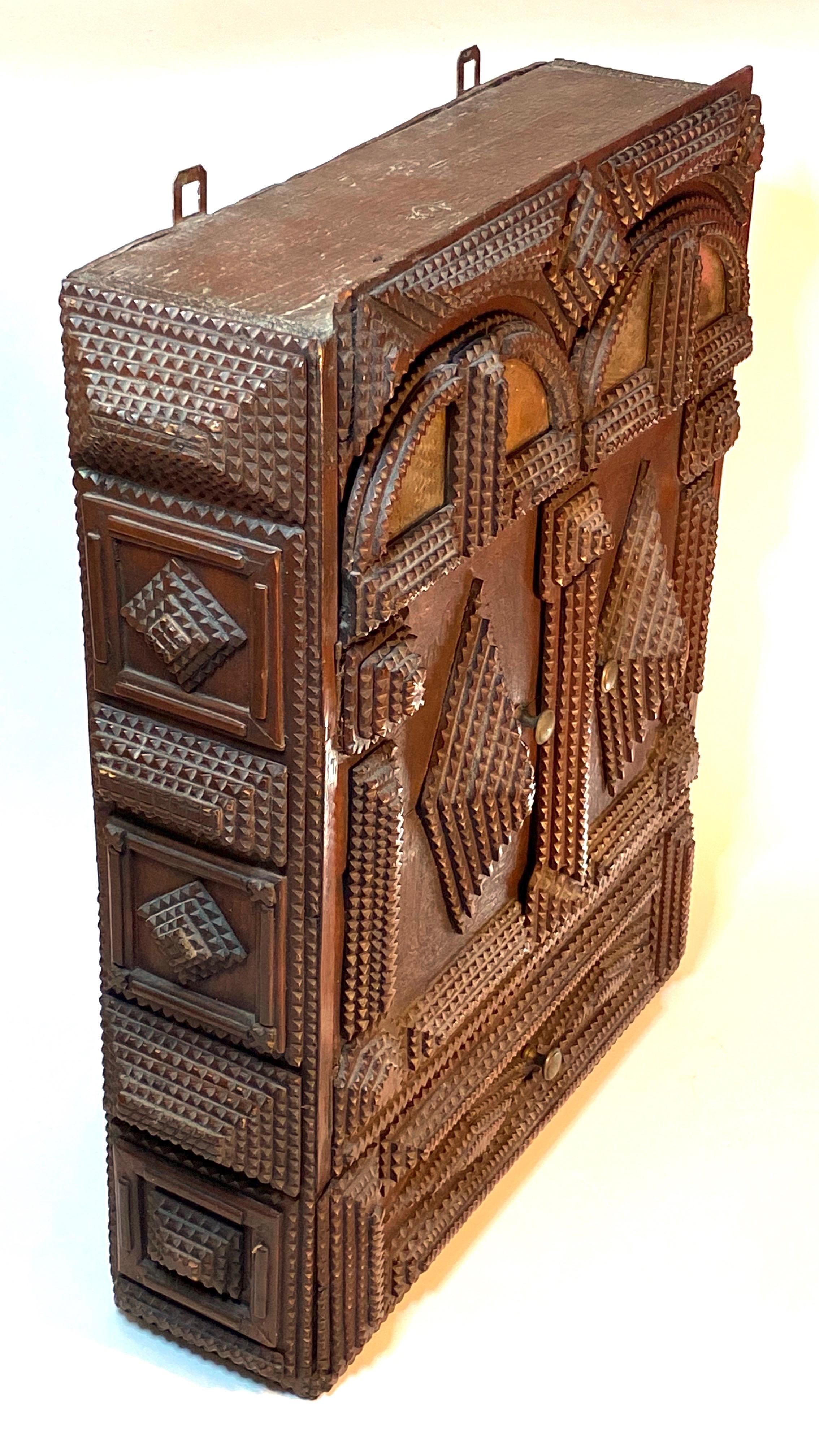 Antique Germany Chip Hand Carved Wall Cupboard Cabinet Tramp Folk Art 1880s For Sale 2