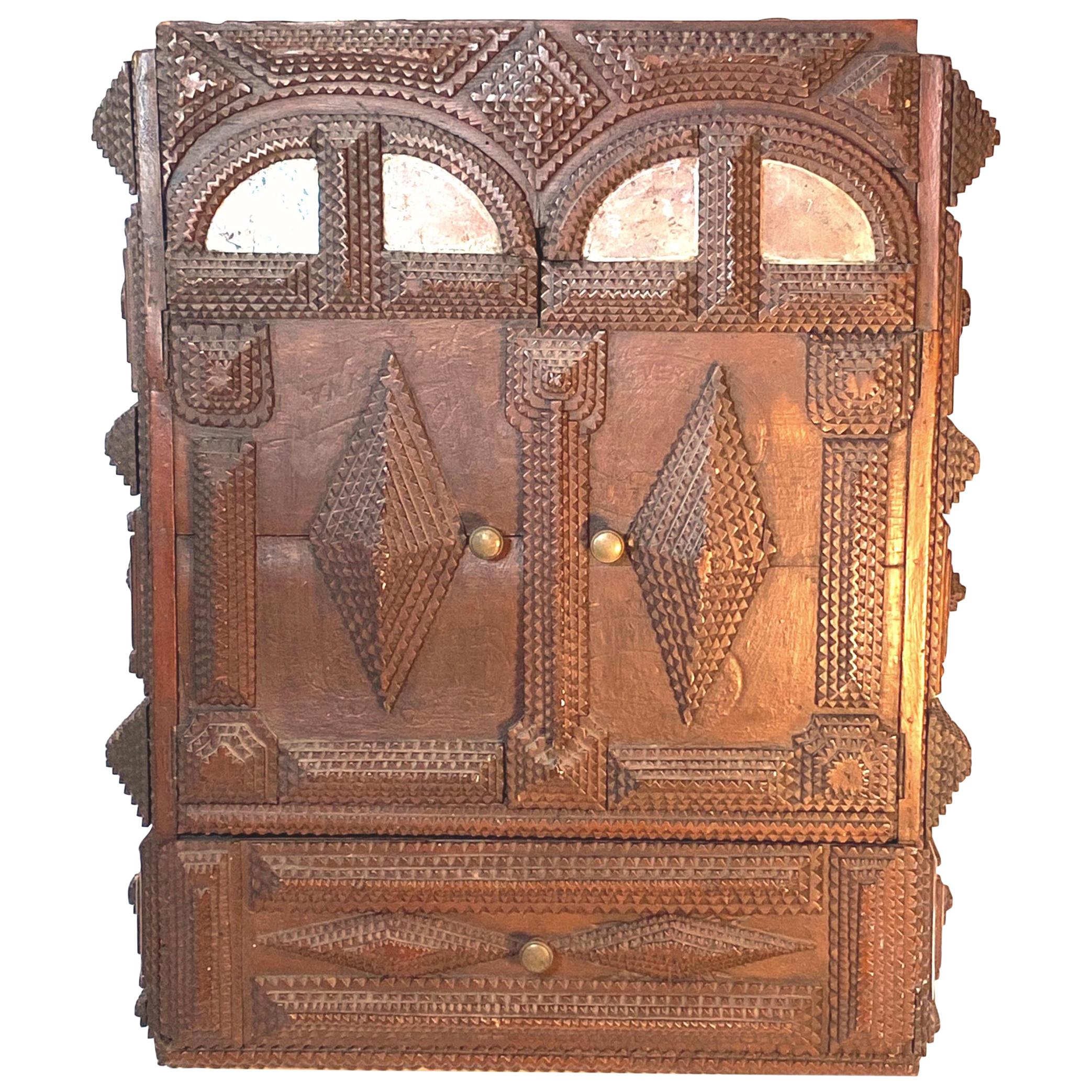 Antique Germany Chip Hand Carved Wall Cupboard Cabinet Tramp Folk Art 1880s