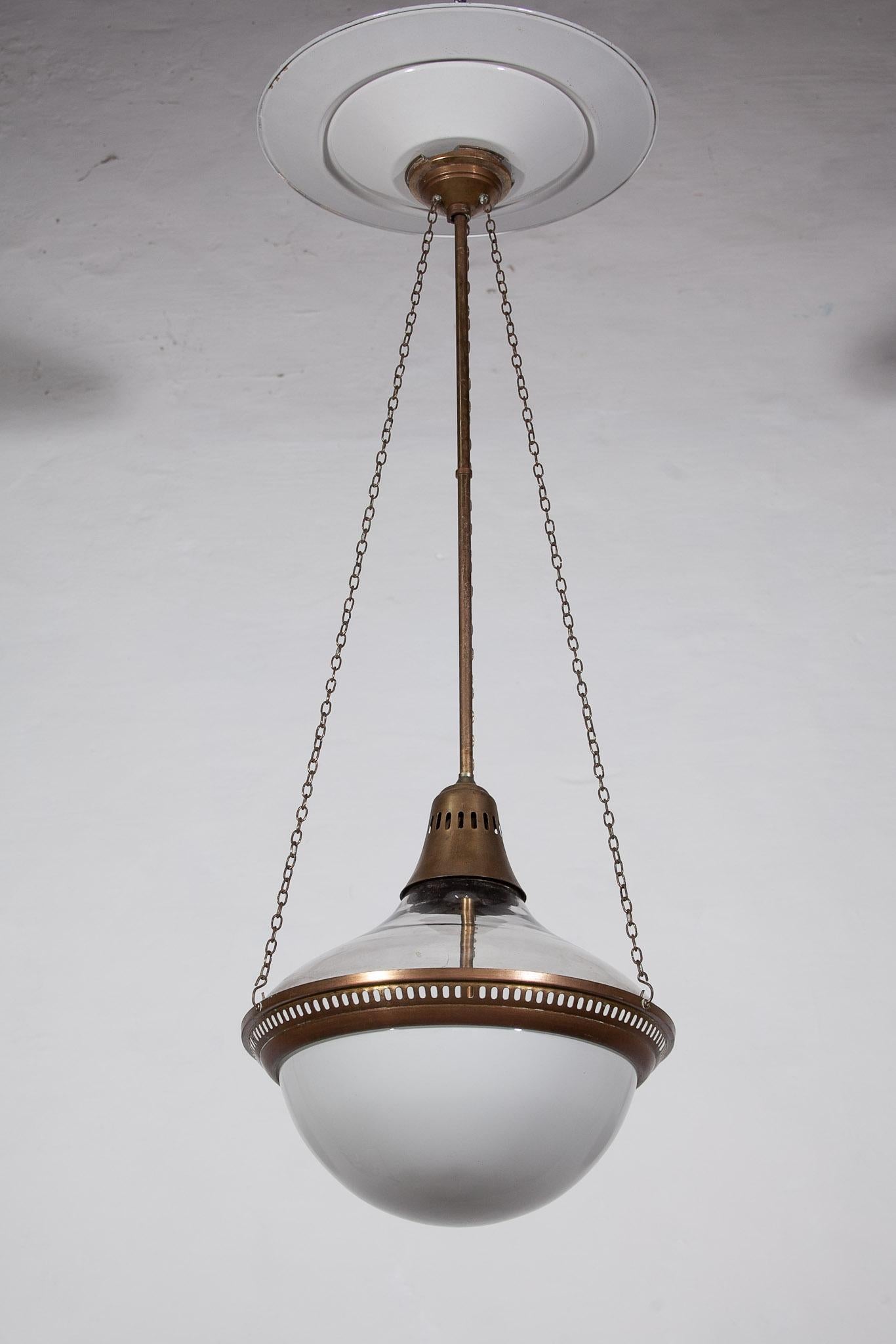Bauhaus Antique Germany Large Pendant with Clear Glass and Opaline For Sale