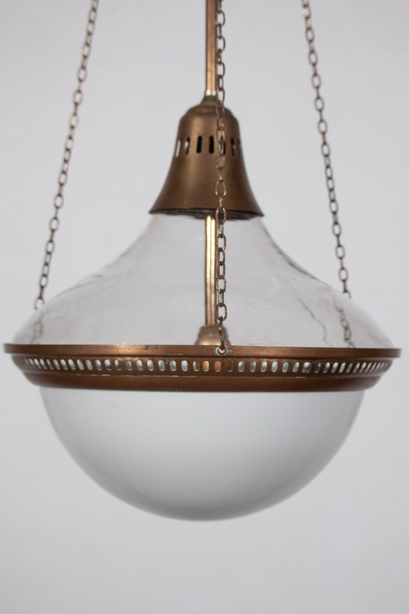 Brass Antique Germany Large Pendant with Clear Glass and Opaline For Sale