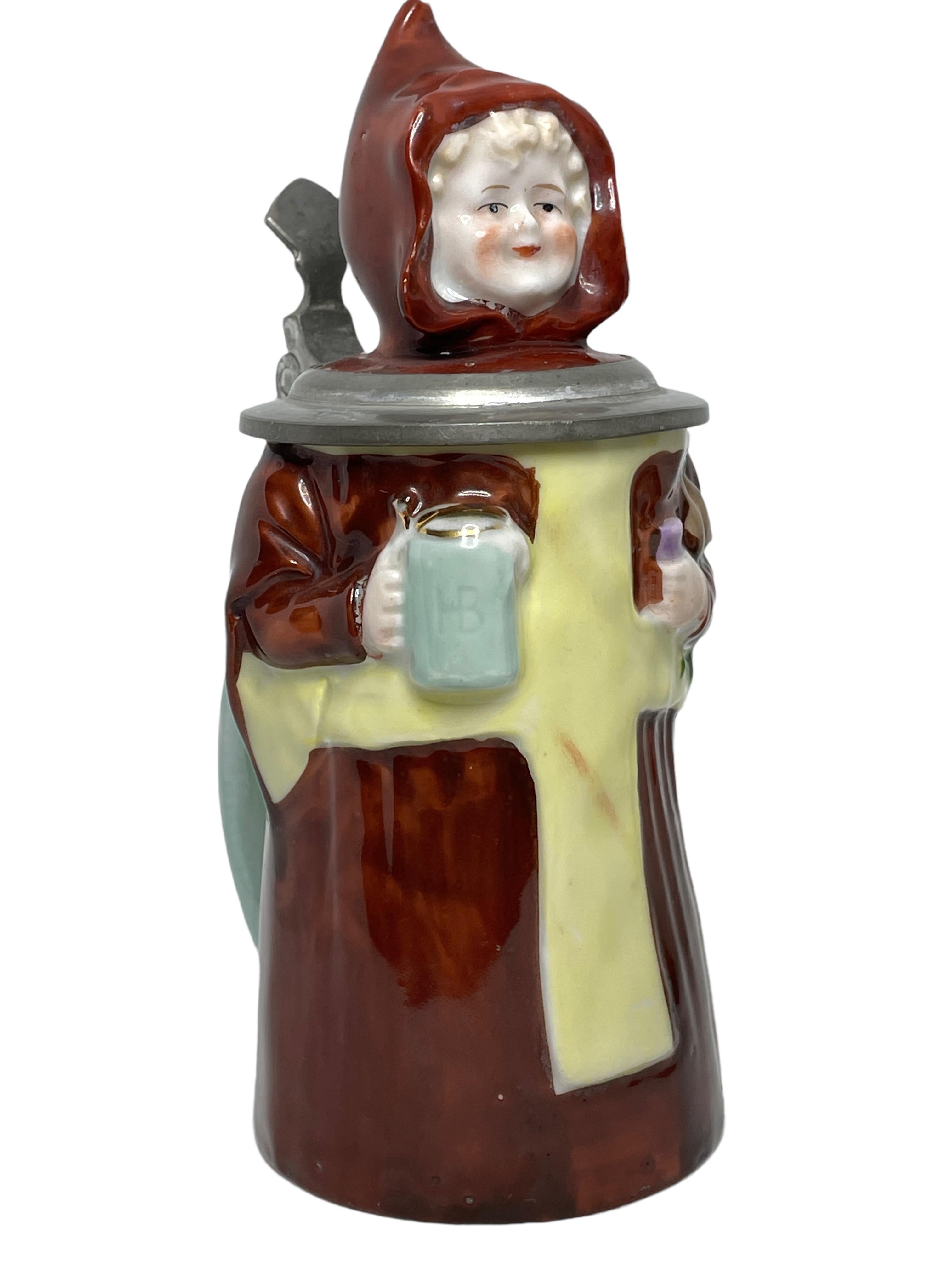 Hand-Crafted Antique Germany Lidded Character Beer Stein Munich Child, E. Bohne Germany 1900s For Sale