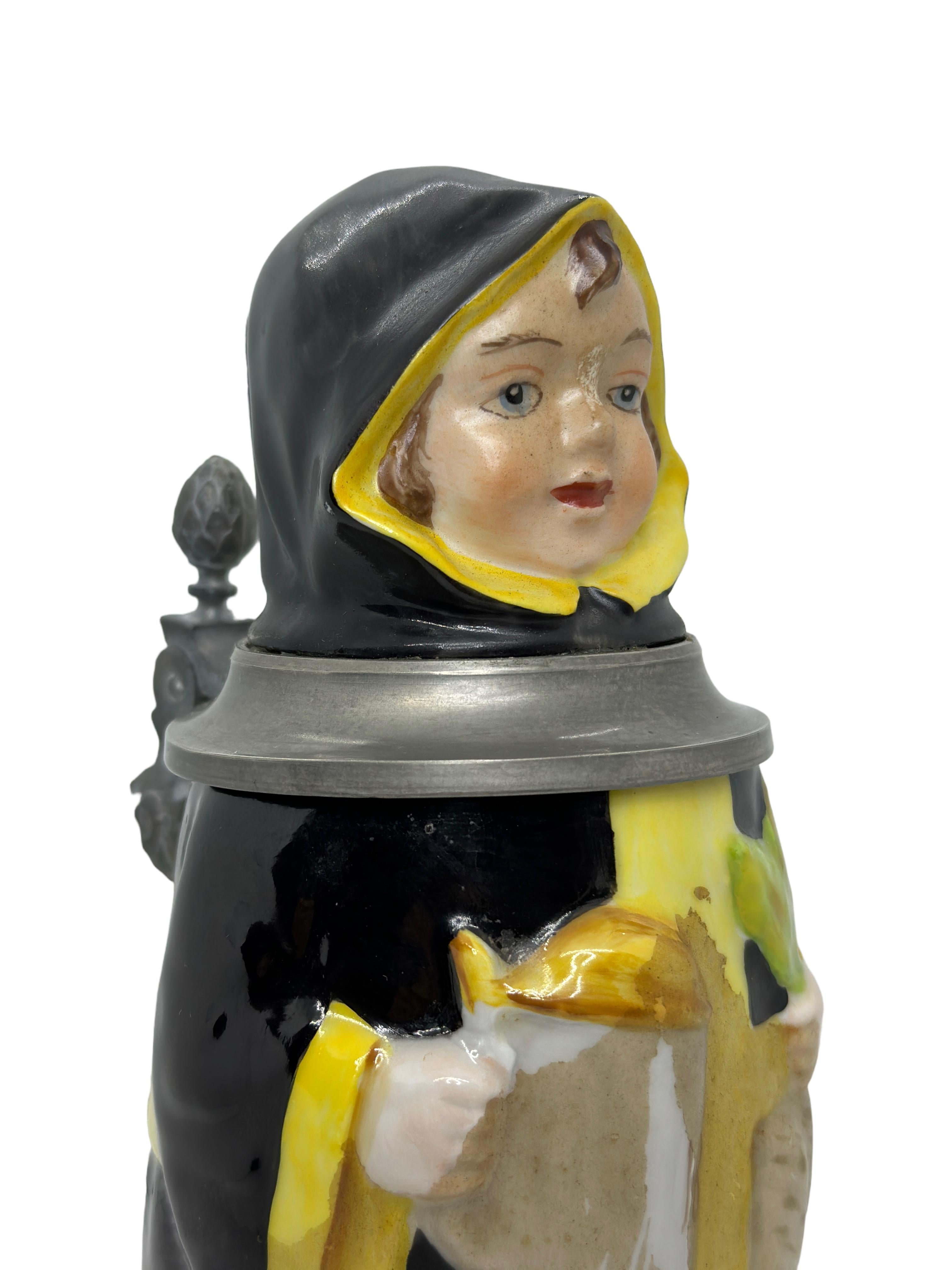 Mid-20th Century Antique Germany Lidded Character Beer Stein Munich Child, E. Bohne Germany 1930s For Sale