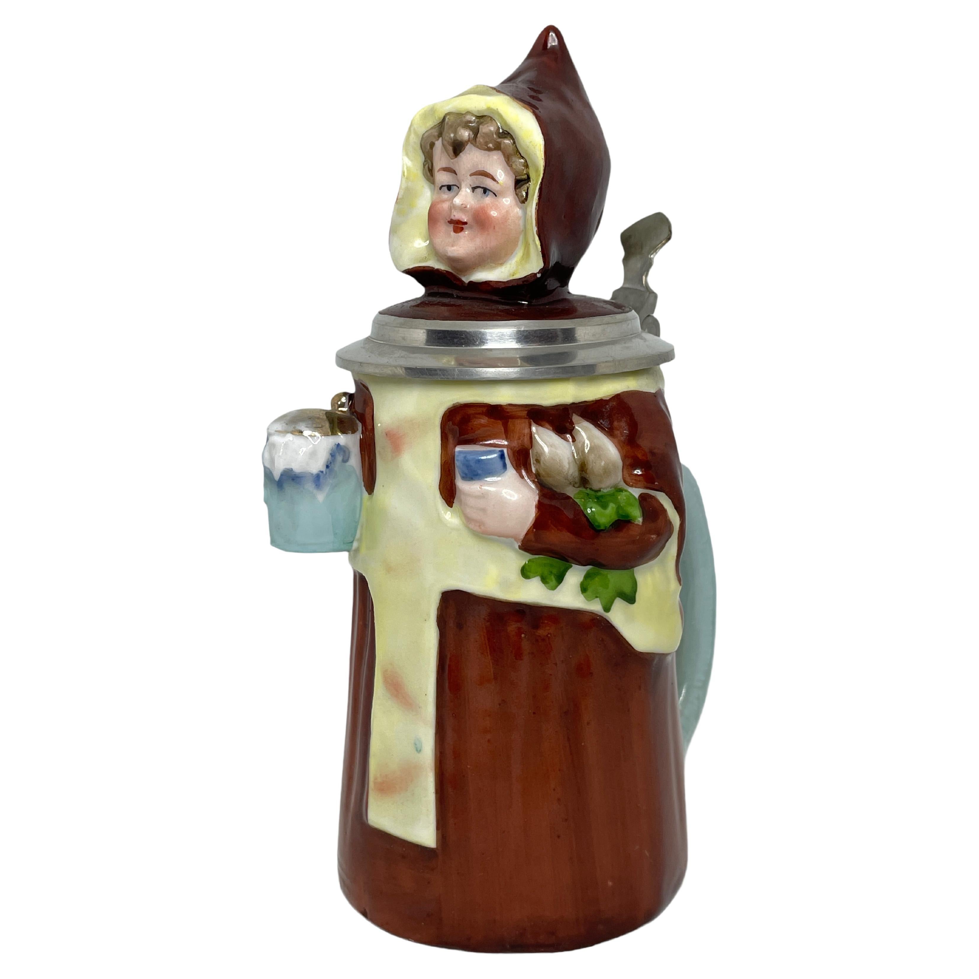 Antique Germany Lidded Character Beer Stein Munich Child, E. Bohne Germany 1900s For Sale