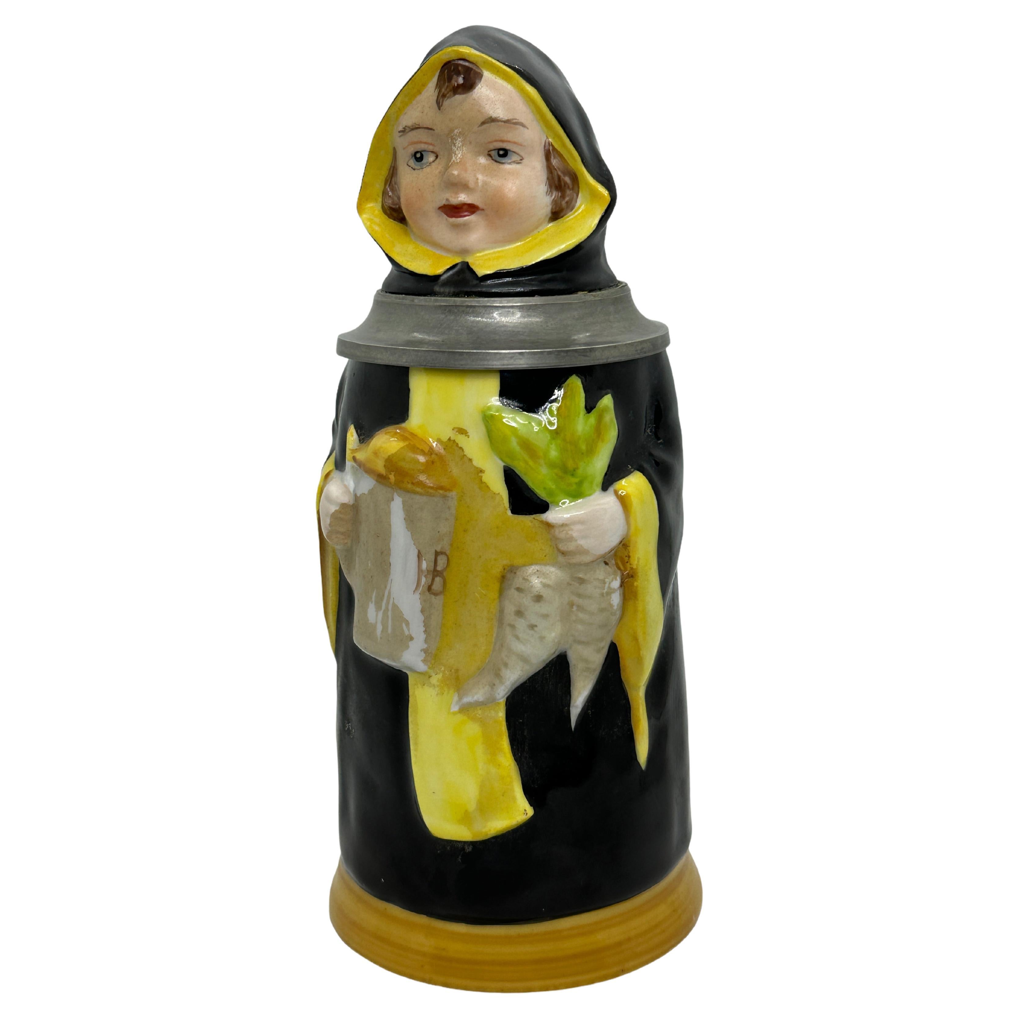 Antique Germany Lidded Character Beer Stein Munich Child, E. Bohne Germany 1930s For Sale