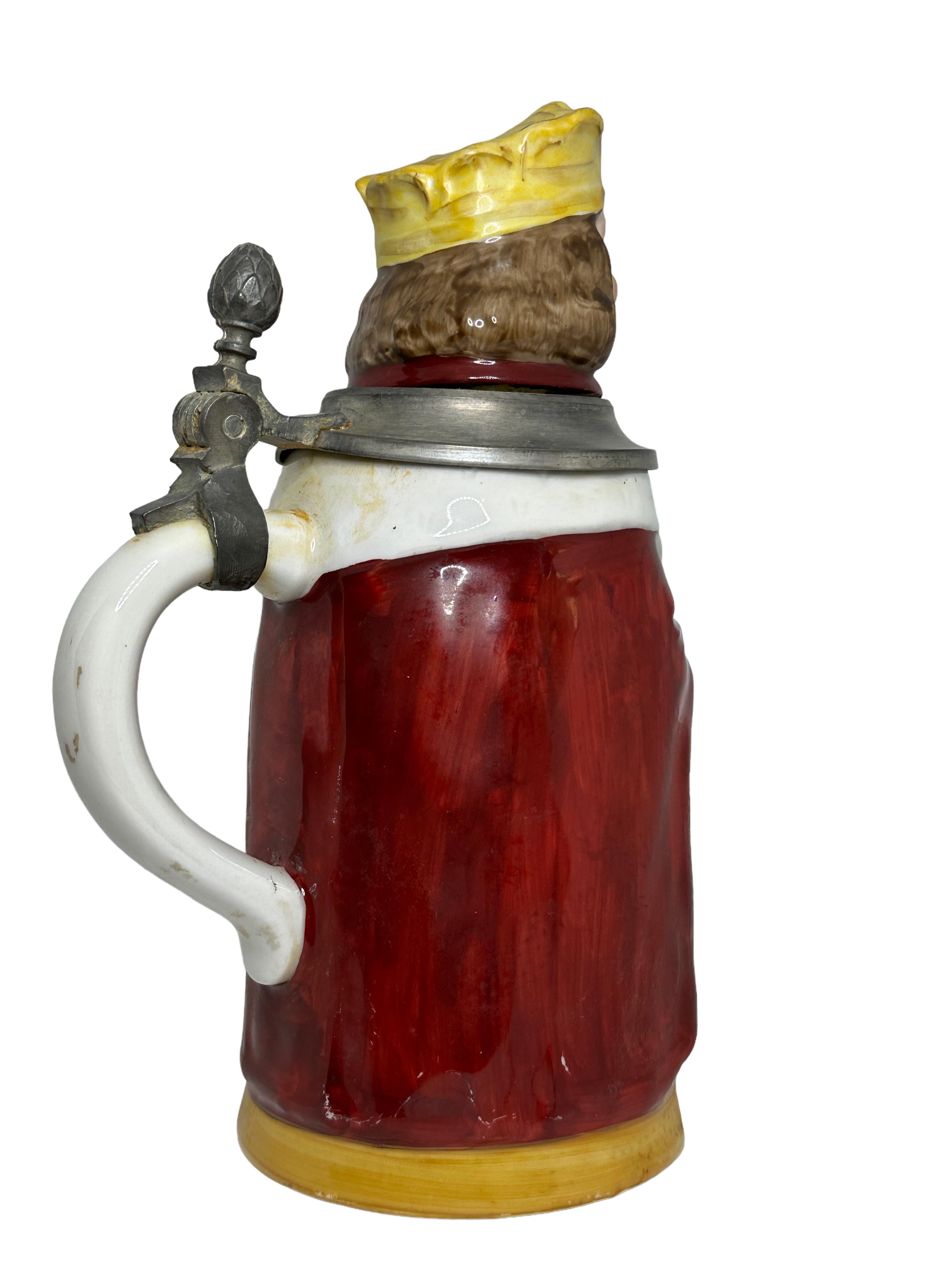Hand-Crafted Antique Germany Lidded King Character Beer Stein, E. Bohne, Germany, 1930s For Sale