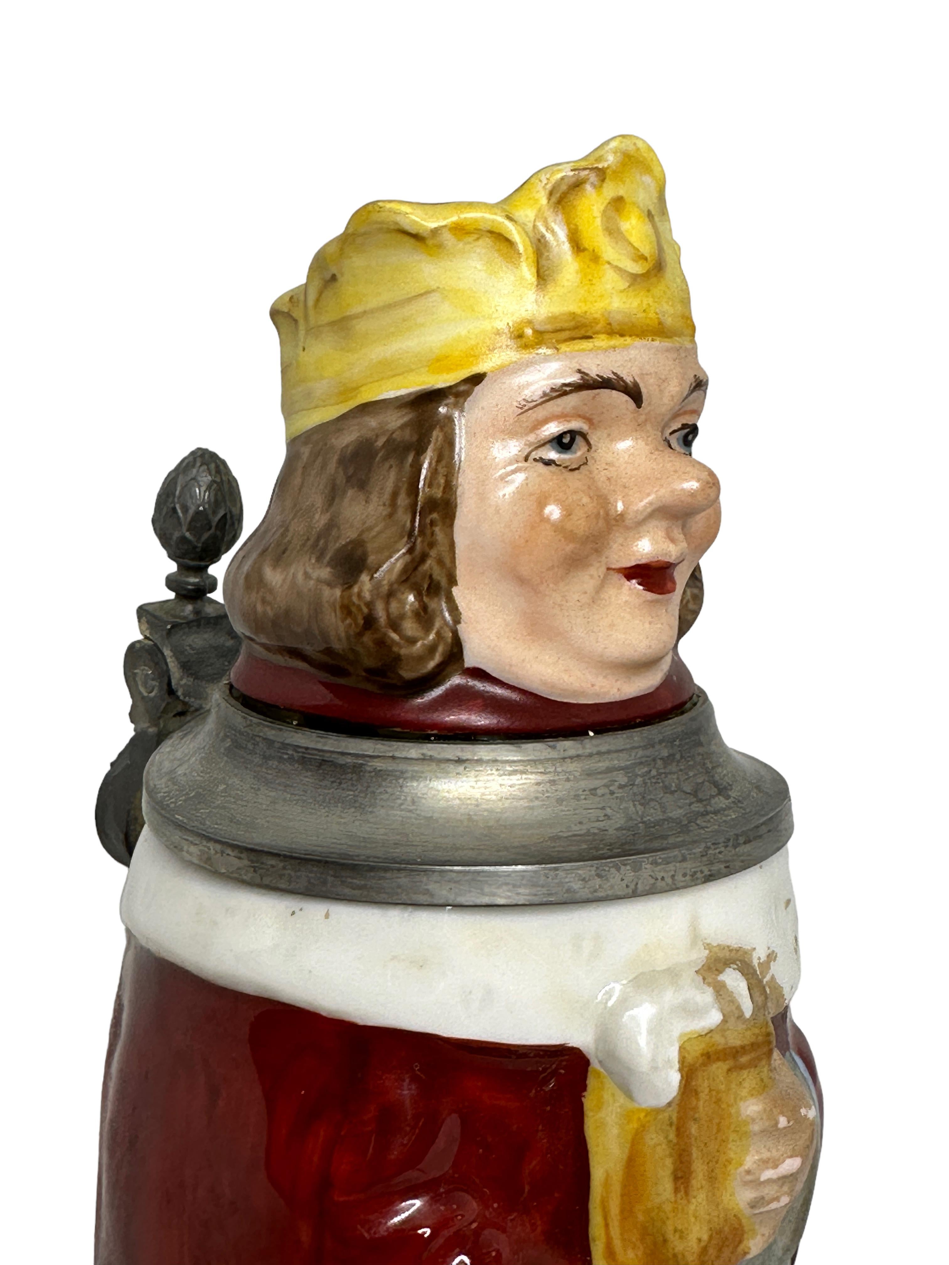 Mid-20th Century Antique Germany Lidded King Character Beer Stein, E. Bohne, Germany, 1930s For Sale