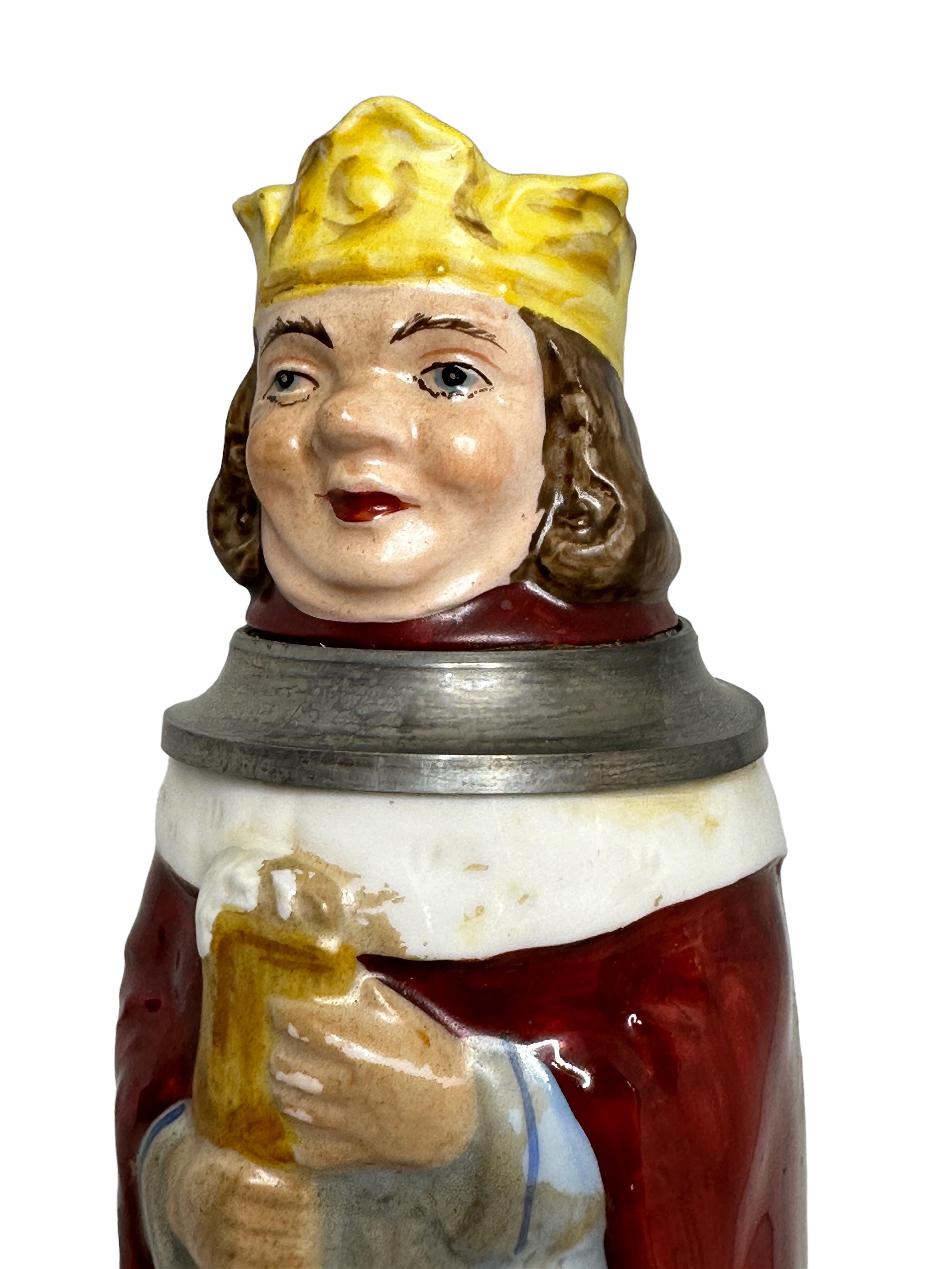 Ceramic Antique Germany Lidded King Character Beer Stein, E. Bohne, Germany, 1930s For Sale