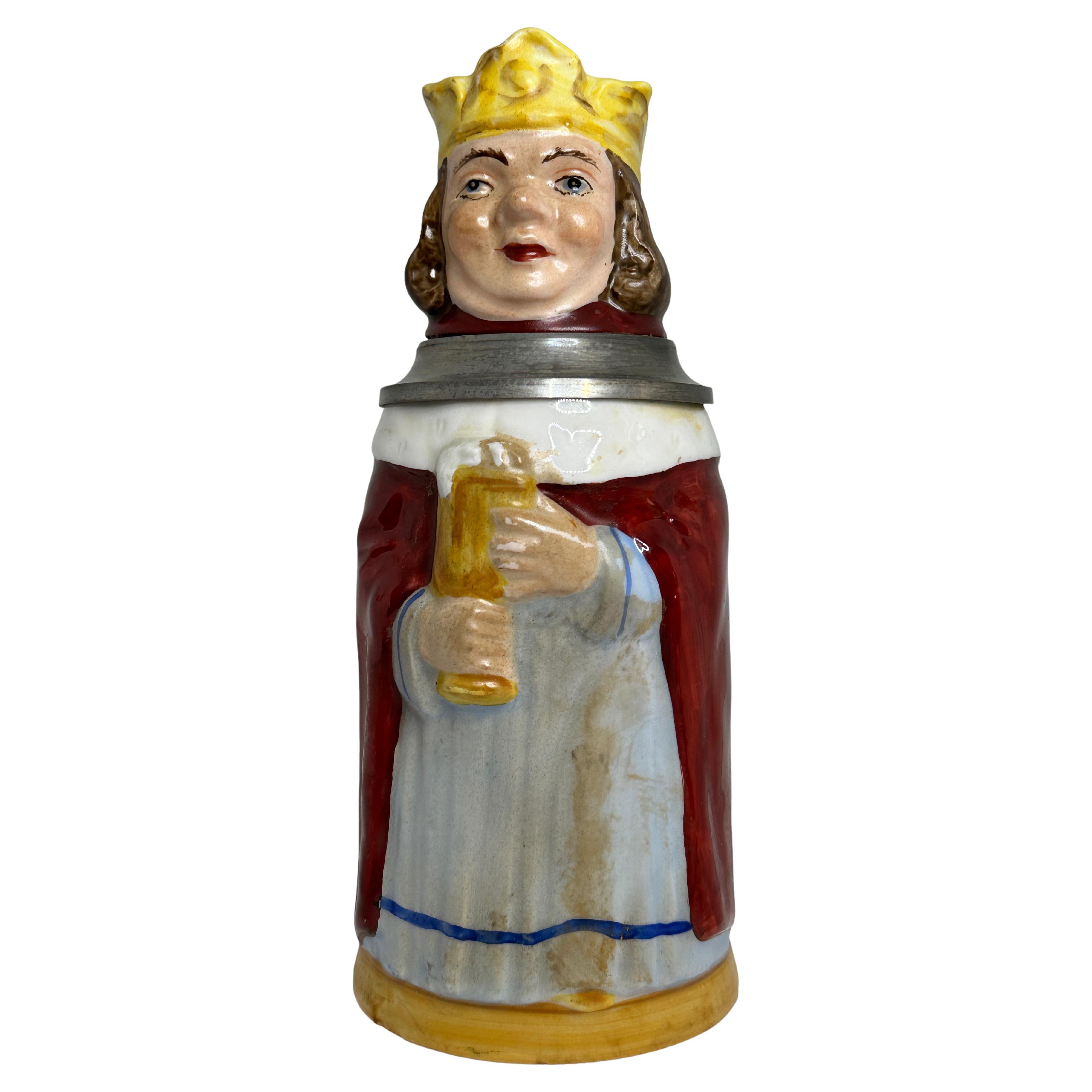 Beer Stein Allemagne antique à couvercle King Character, E. Bohne, Allemagne, années 1930 en vente