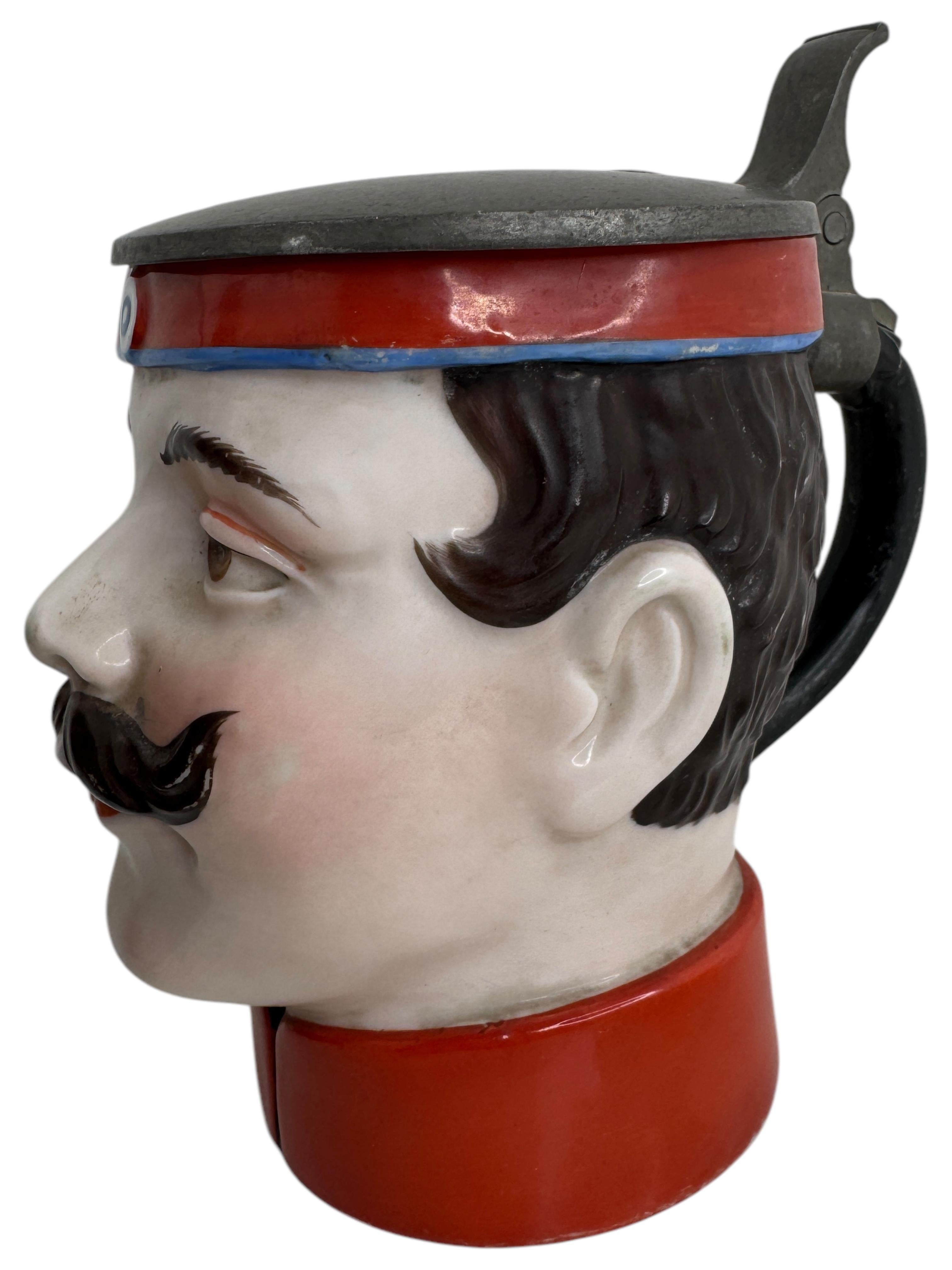 Folk Art Antique Germany Lidded Soldier Head Beer Stein, E. Bohne, Germany, 1900s