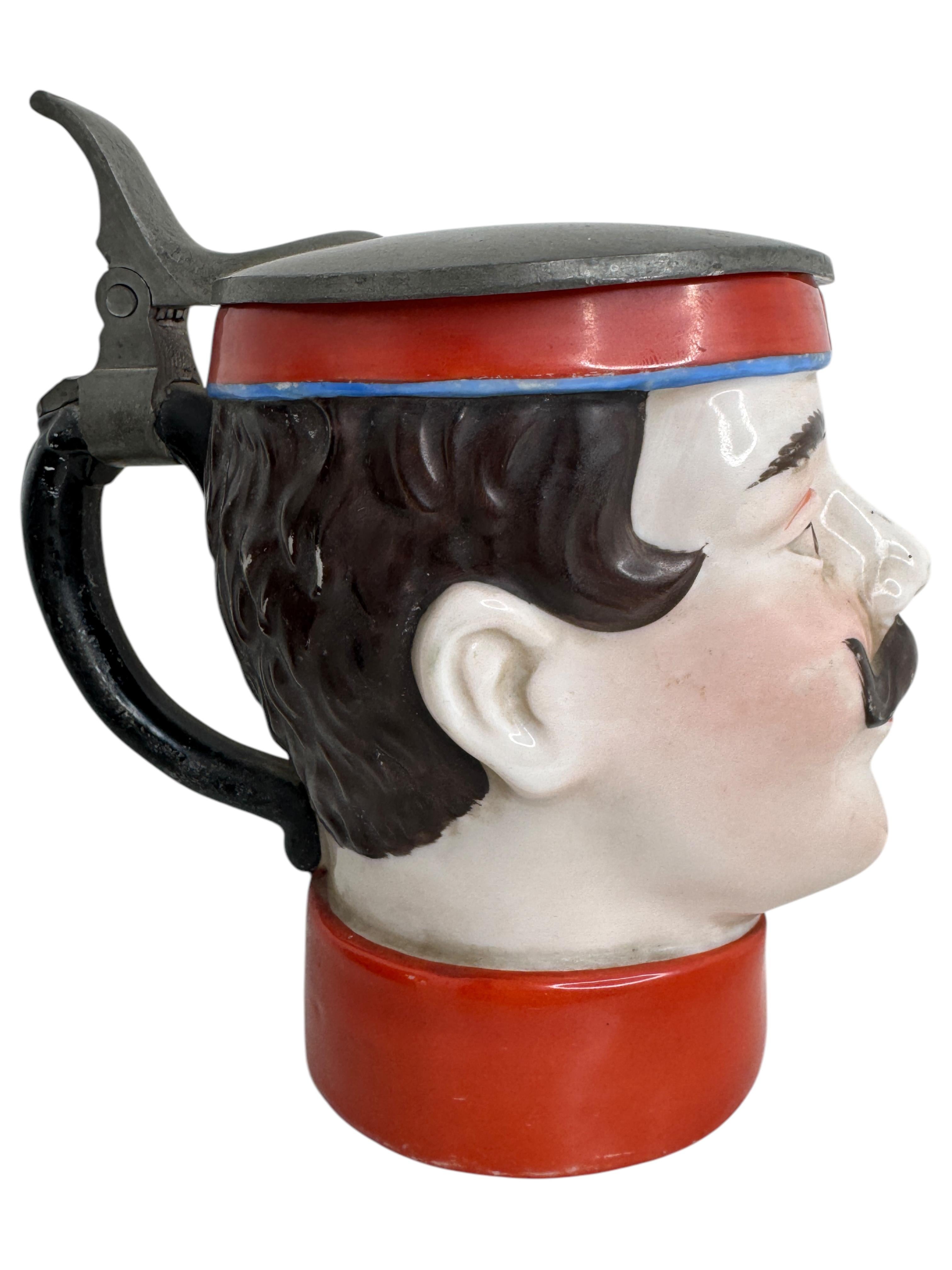 Pewter Antique Germany Lidded Soldier Head Beer Stein, E. Bohne, Germany, 1900s