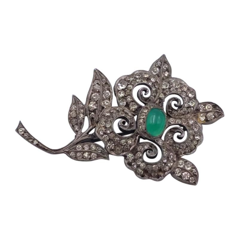 Antique Germany Sterling Silver Paste Emerald Brooch 1910's For Sale