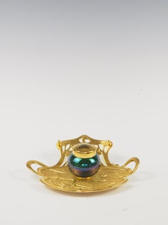 Antique Geschutzt Viennese Art Nouveau Bronze Inkwell with Art Glass